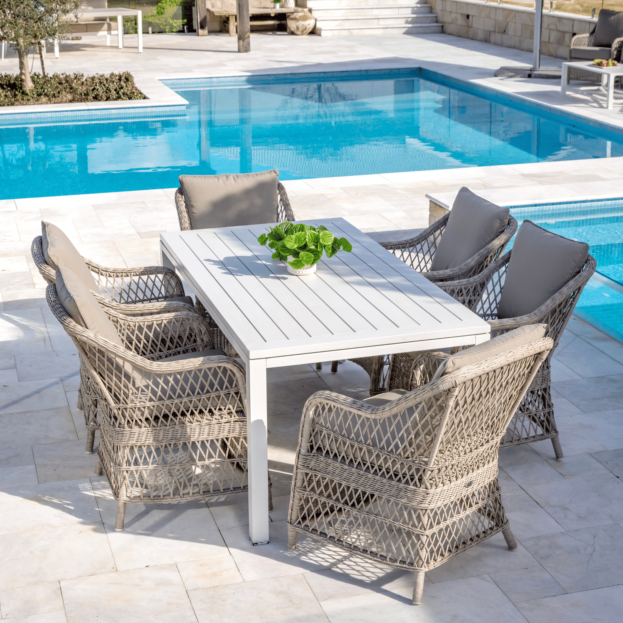 River Table with Glenview Wicker Chairs - 7 piece Outdoor Dining Setting