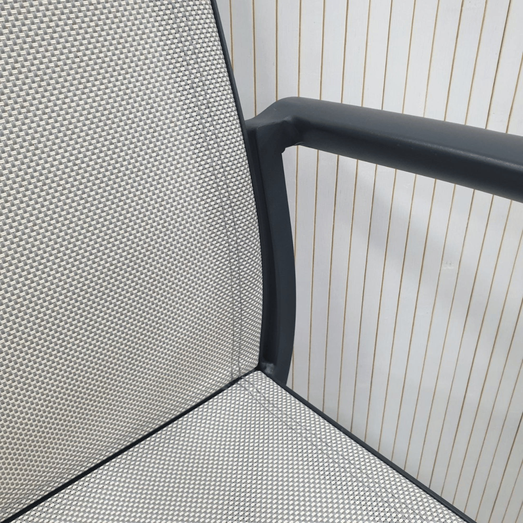 Close up of the fabric and the charcoall frame Florida dining chair
