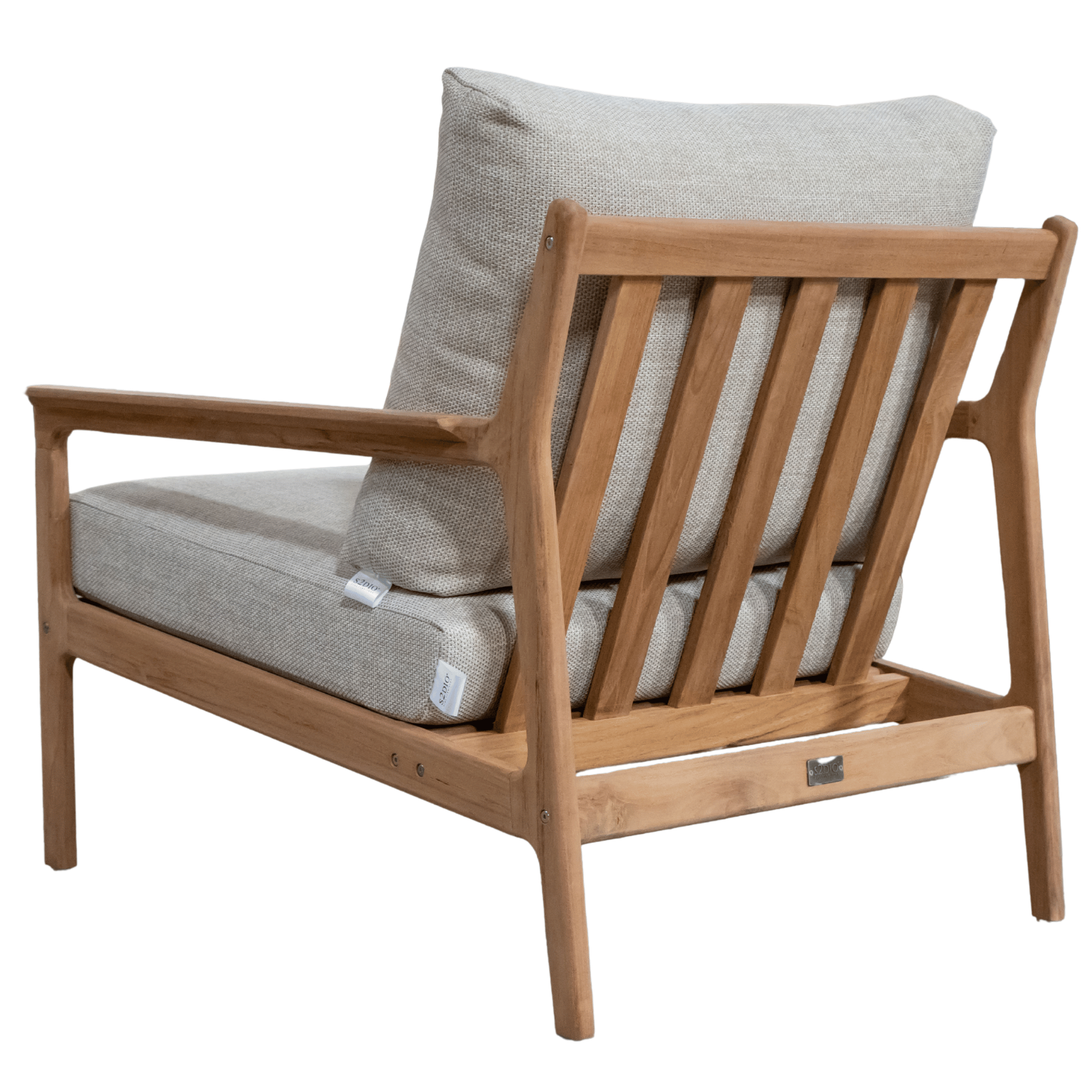 Cuba single teak armchair - beige cushions - mid-century stye, back view