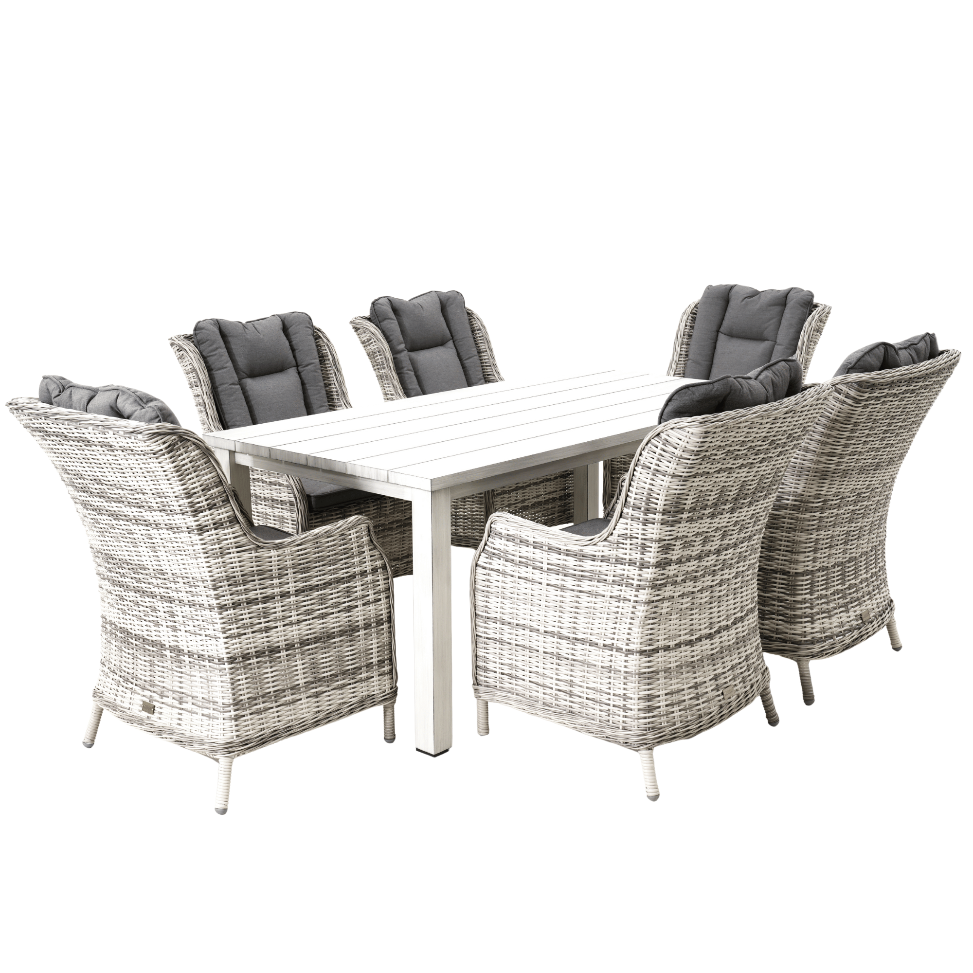 Sandy Bay Dining Table with San Jose Wicker Chairs 7‑piece Outdoor Wicker Dining Set - Zen White
