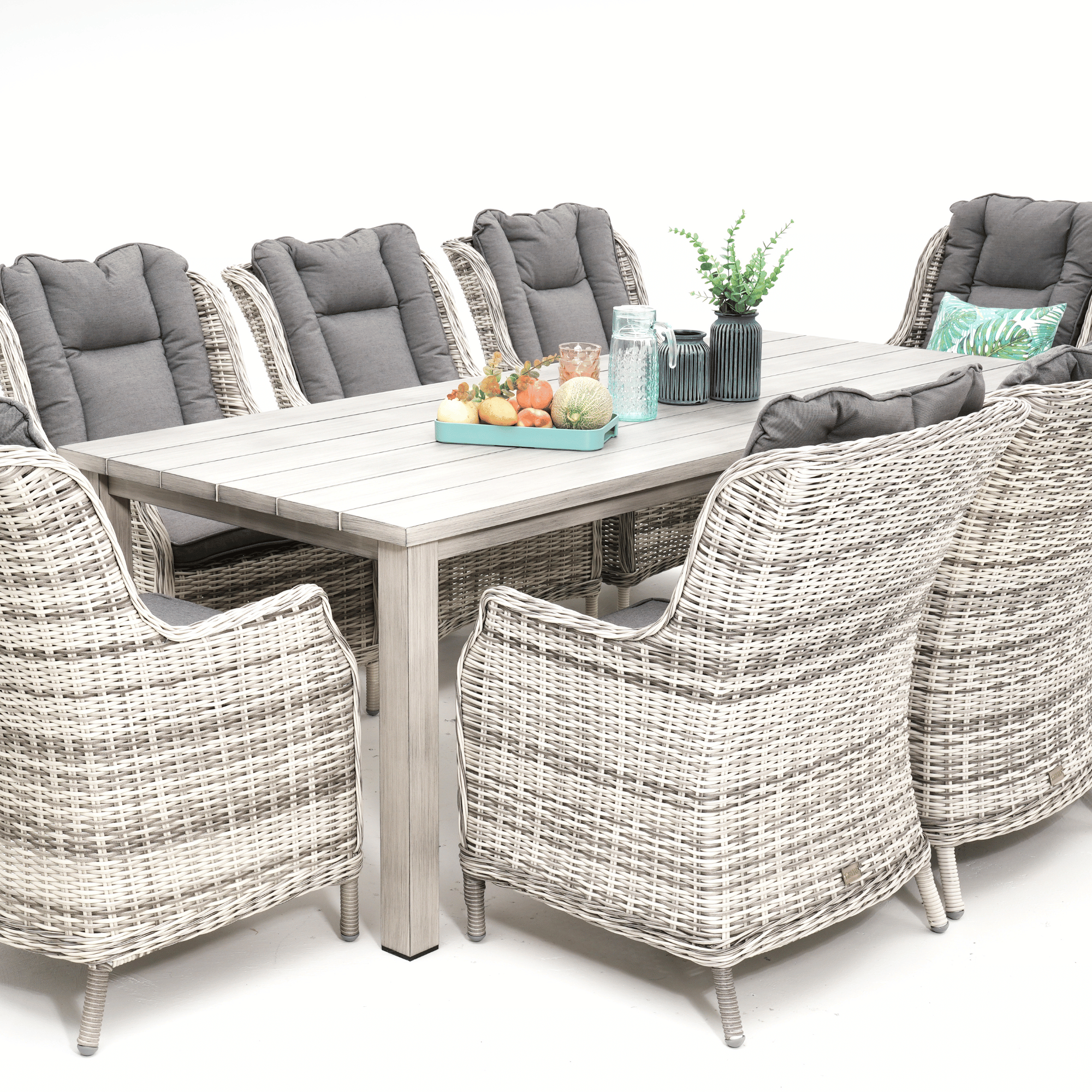 Sandy Bay Dining Table with San Jose Wicker Chairs 9‑piece Outdoor Wicker Dining Set - Zen White