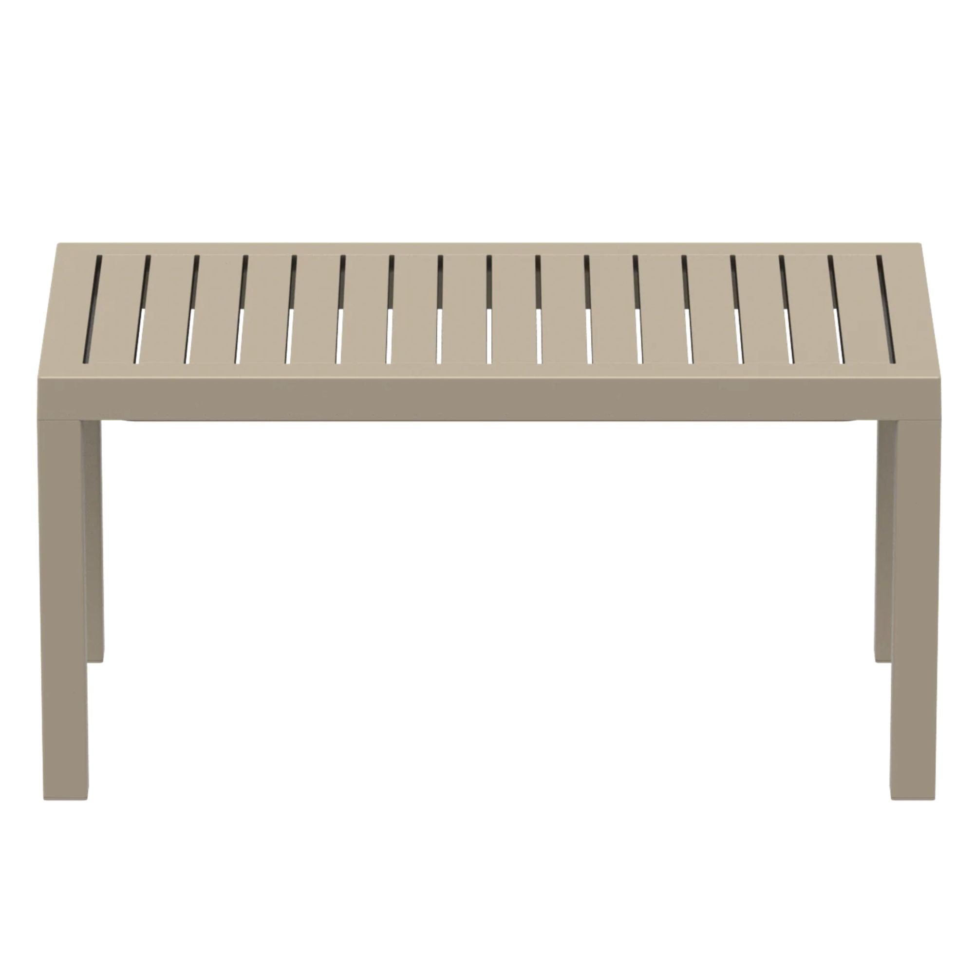 Taupe Resin outdoor bench with slatted design on a white background