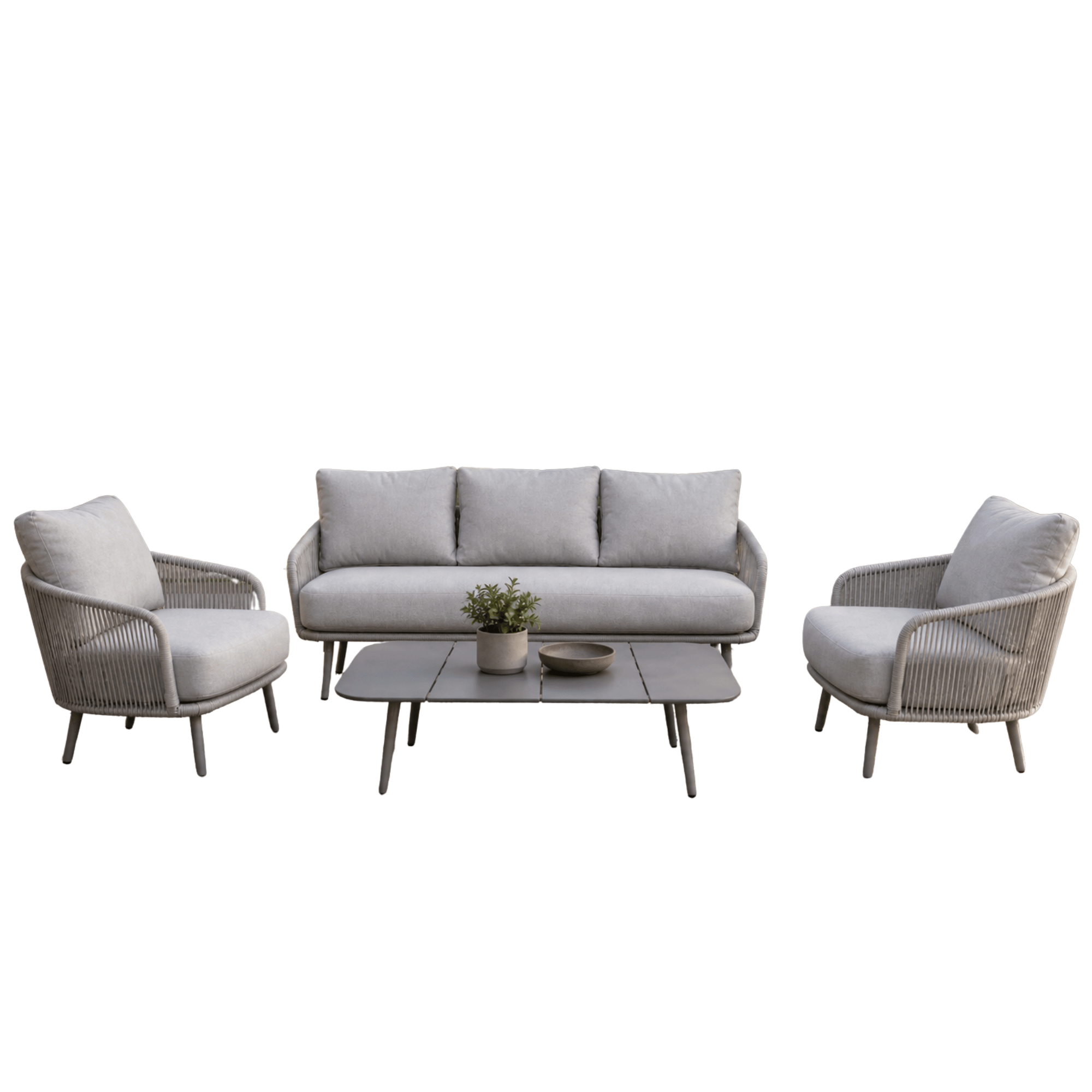 A 4-piece outdoor patio furniture set featuring a three-seater sofa, two armchairs, and a rectangular coffee table, all in a light gray color with woven wicker-style frames and slim metal legs, shown on a plain white background.