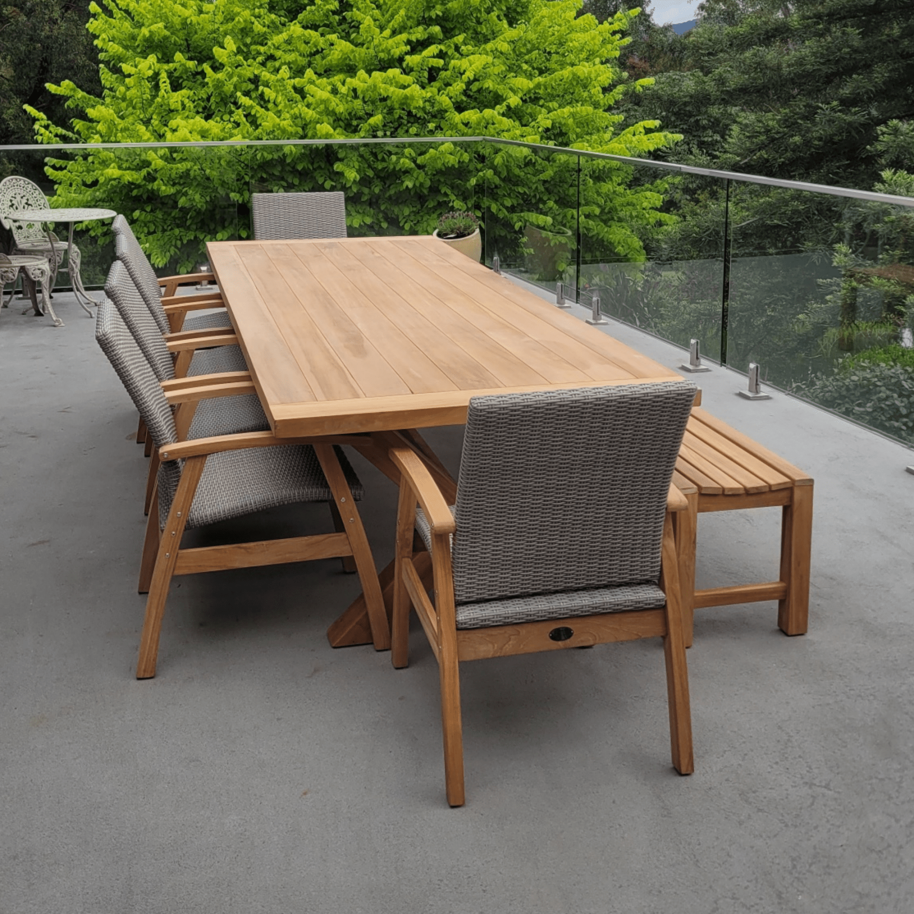 Alexander table, Flinders wicker chairs, Panama bench 9pce outdoor din
