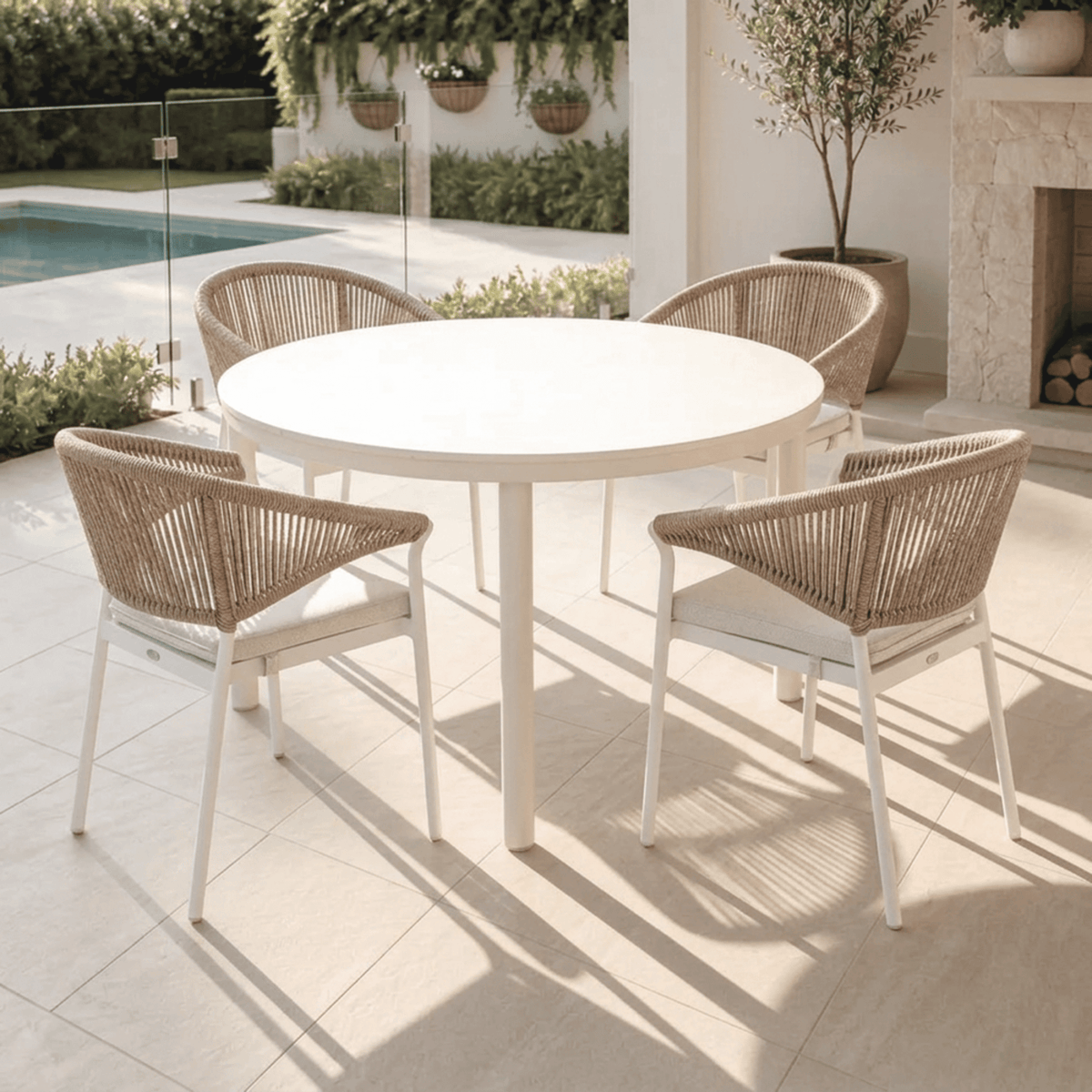 Globe Extendable & Celia Rope 120cm Round to 170x120cm Oval 5pce Dining Setting - White - Lume Outdoor Living