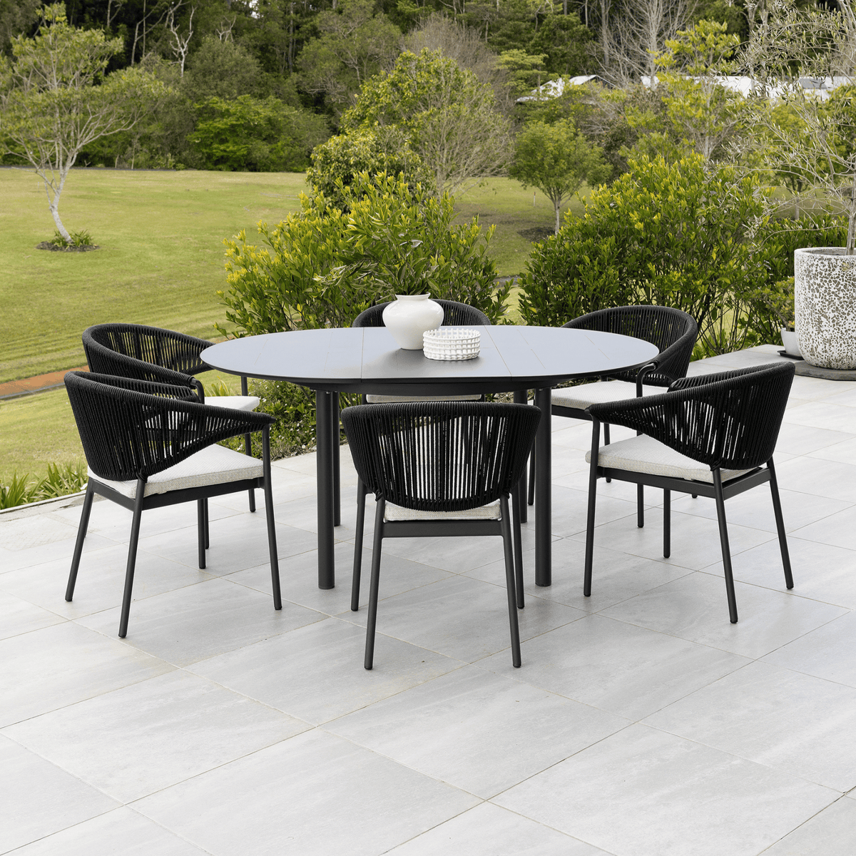 Globe Extendable & Celia Rope 120cm Round to 170x120cm Oval 7pce Dining Setting - Charcoal - Lume Outdoor Living