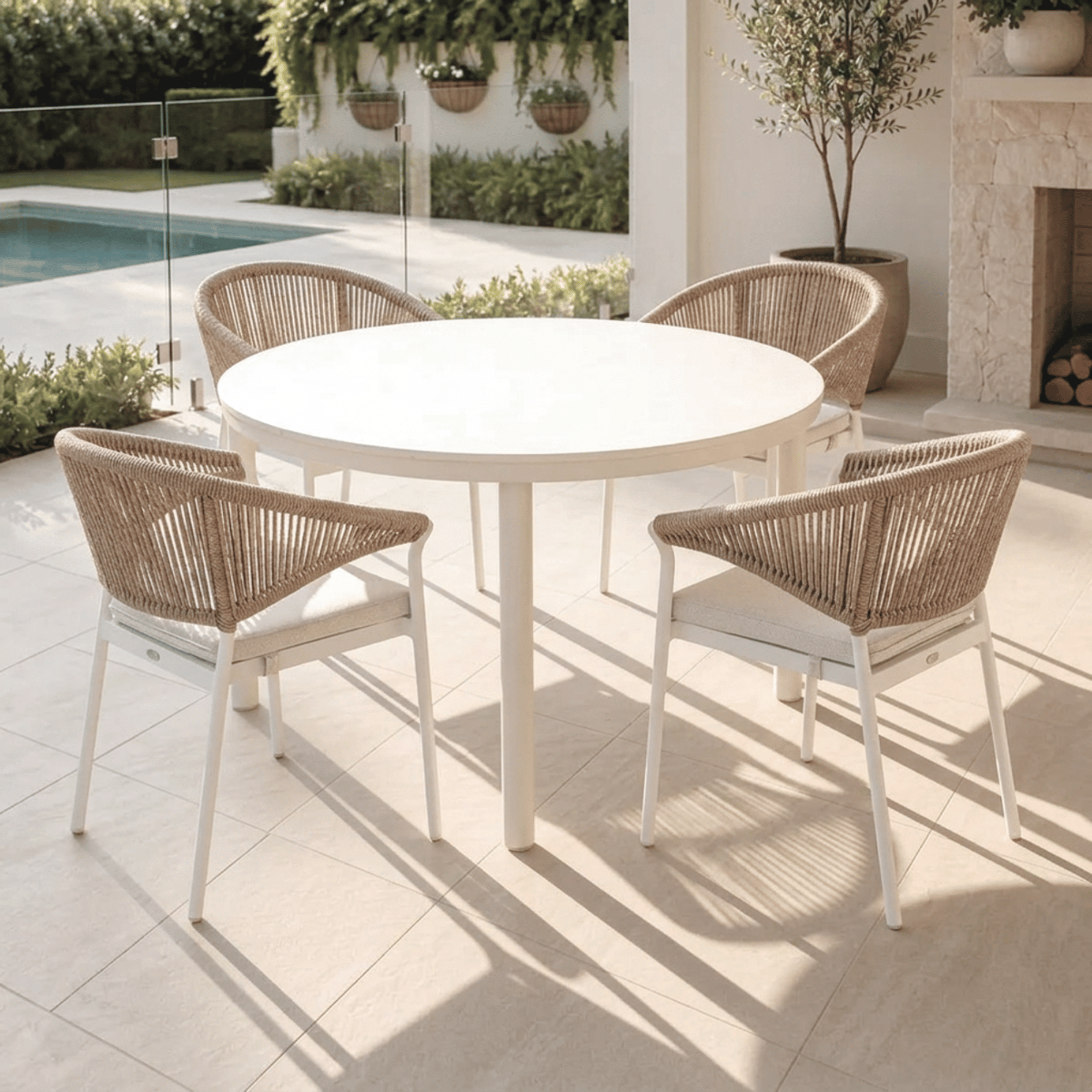 Globe Extendable & Celia Rope 120cm Round to 170x120cm Oval 5pce Dining Setting - White