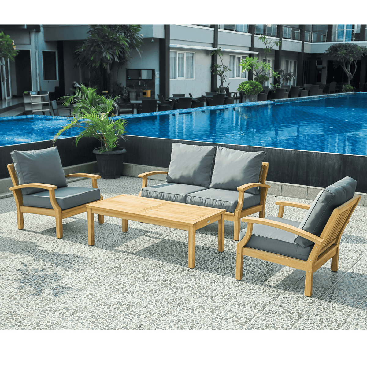 Lombok 4pce Lounge Setting with 2-seater - Teak/Grey - Lume Outdoor Living