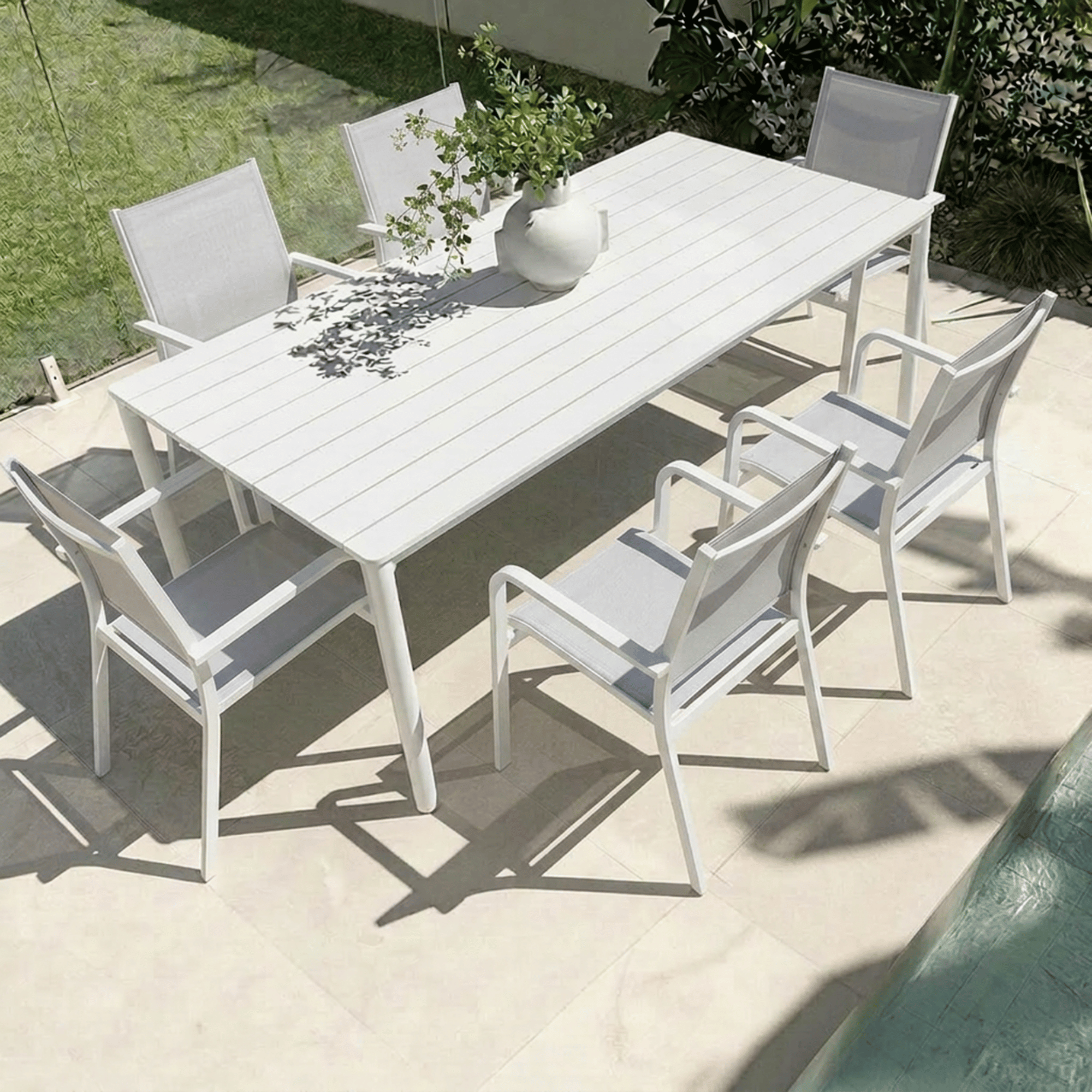 Mesa & Mons 200x100cm 7pce Dining Setting - White/Pebble