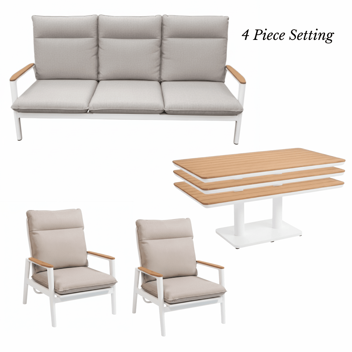 Pinehurst Recliner 4pce Lounge Setting with 3-seater & Adjustable Height Table - White - Lume Outdoor Living