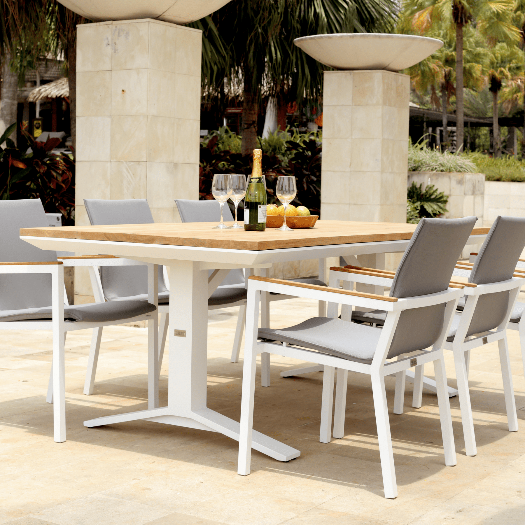Stockholm table, Cortez chairs - 7 - piece white/teak outdoor dining setting - Lume Outdoor Living
