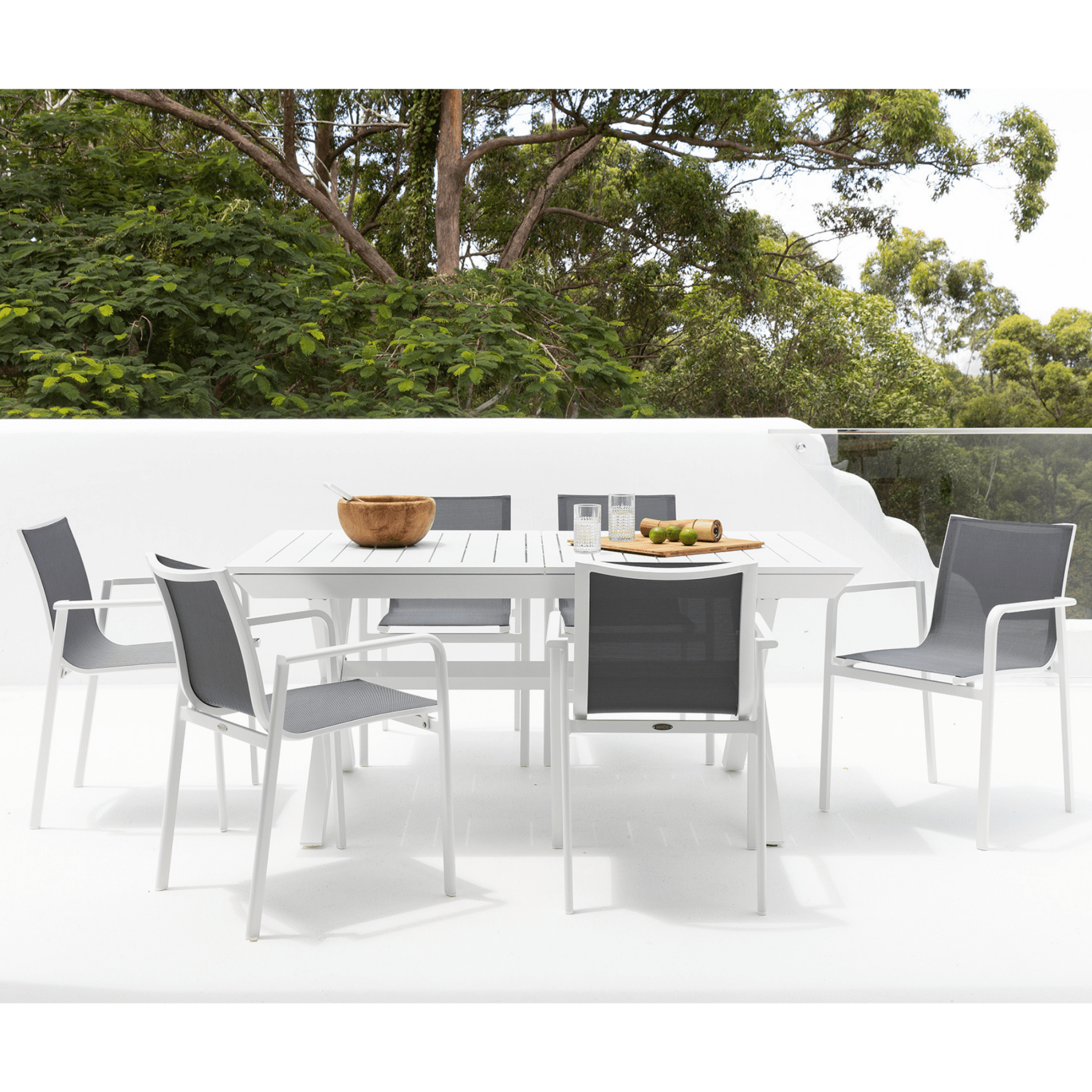 Tango Extendable Outdoor Dining Table with Chic Chairs - white/dark grey - 7pce or 9pce outdoor dining setting - Lume Outdoor Living