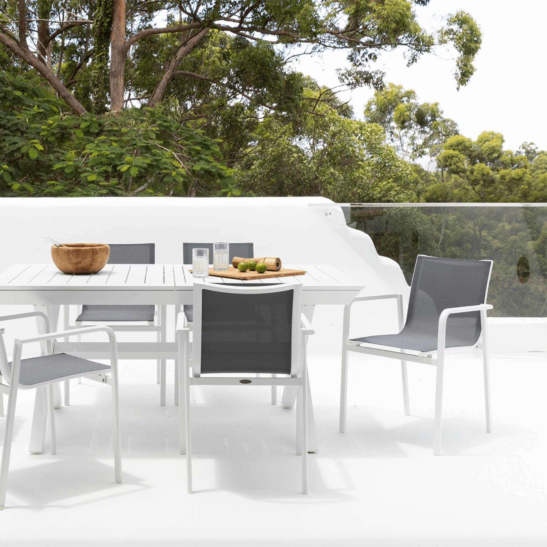 Tango Extendable Outdoor Dining Table with Chic Chairs - white/dark grey - 7pce or 9pce outdoor dining setting - Lume Outdoor Living