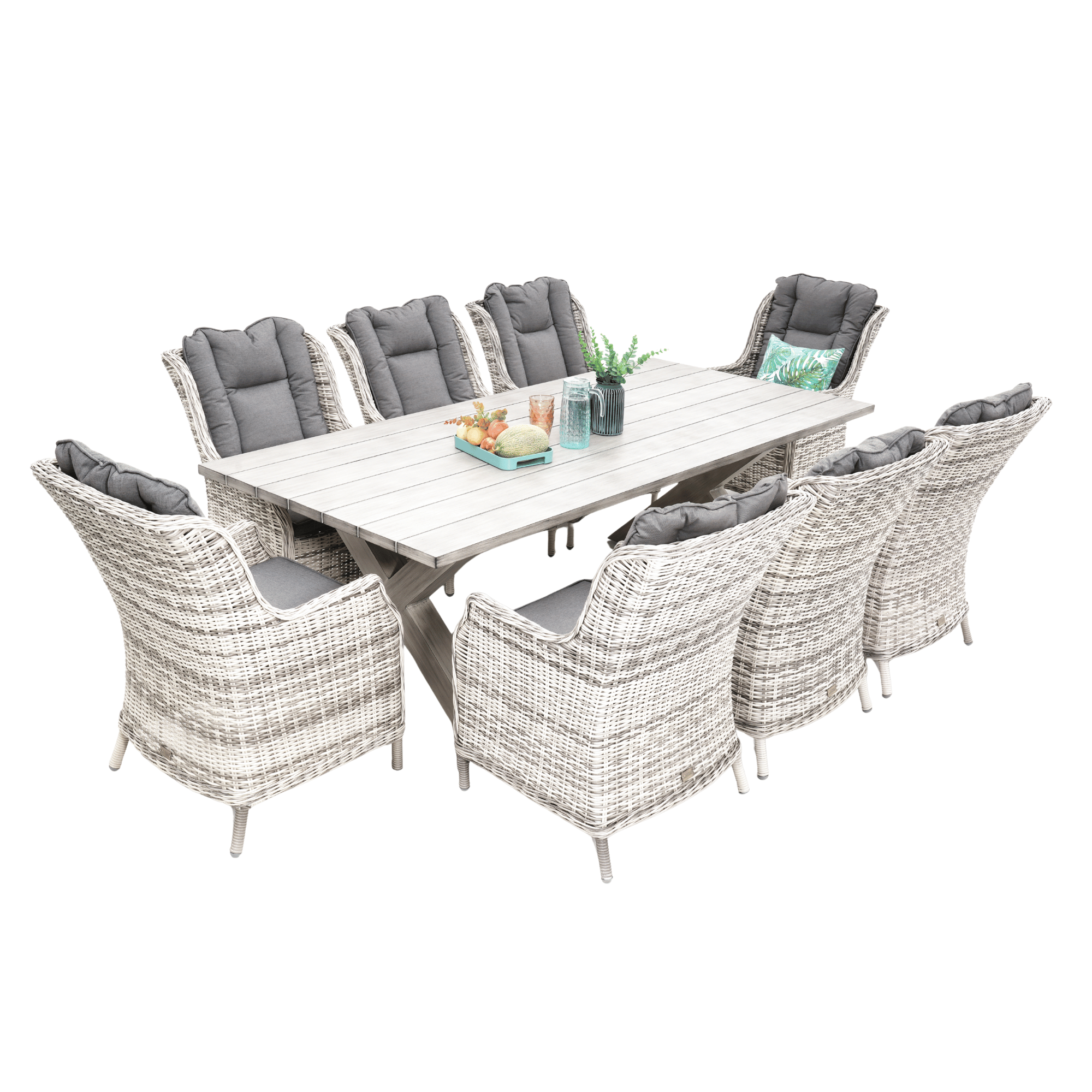 Montreal Dining Table with San Jose Wicker Chairs 9‑piece Outdoor Wicker Dining Set - Zen White