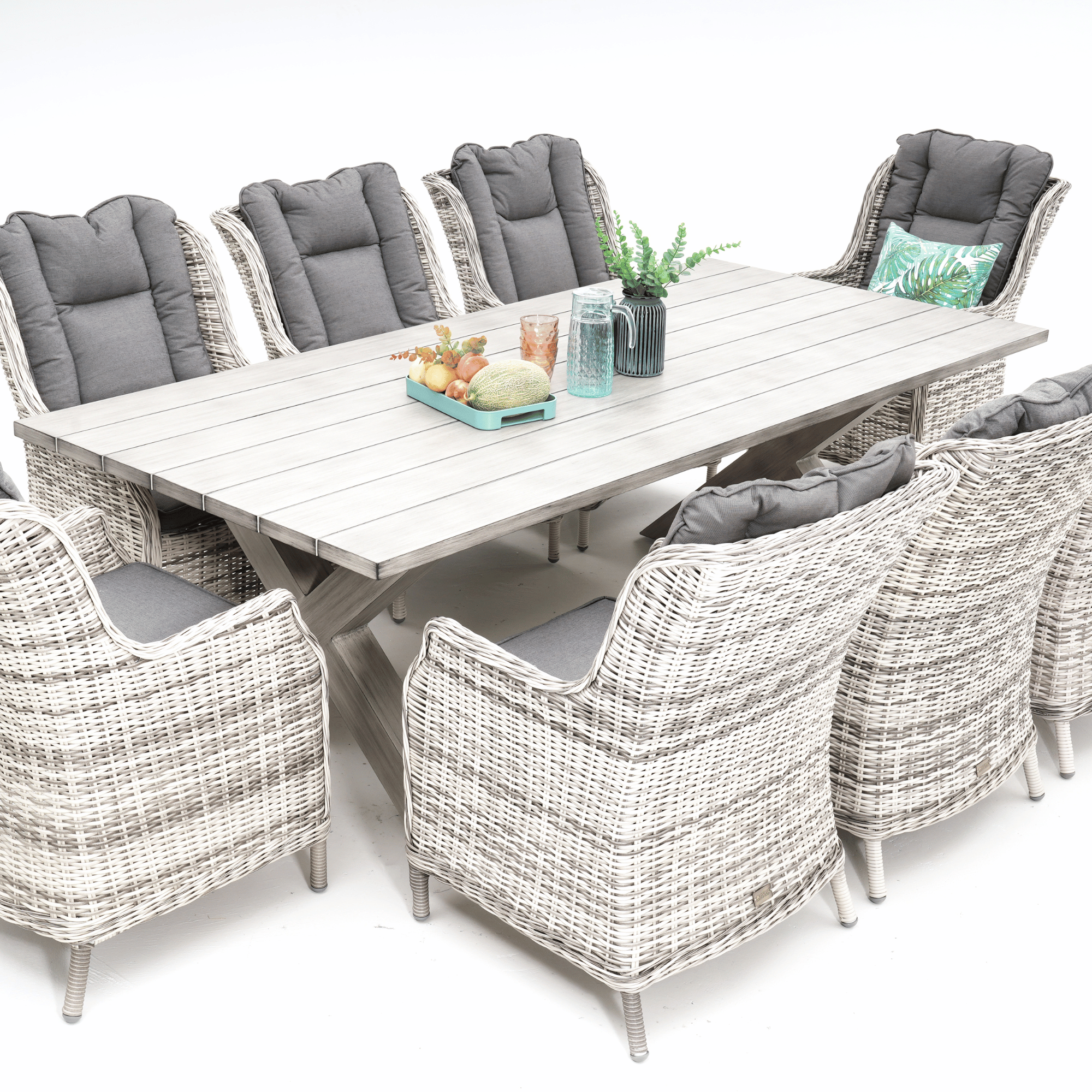 Montreal Dining Table with San Jose Wicker Chairs 9‑piece Outdoor Wicker Dining Set - Zen White
