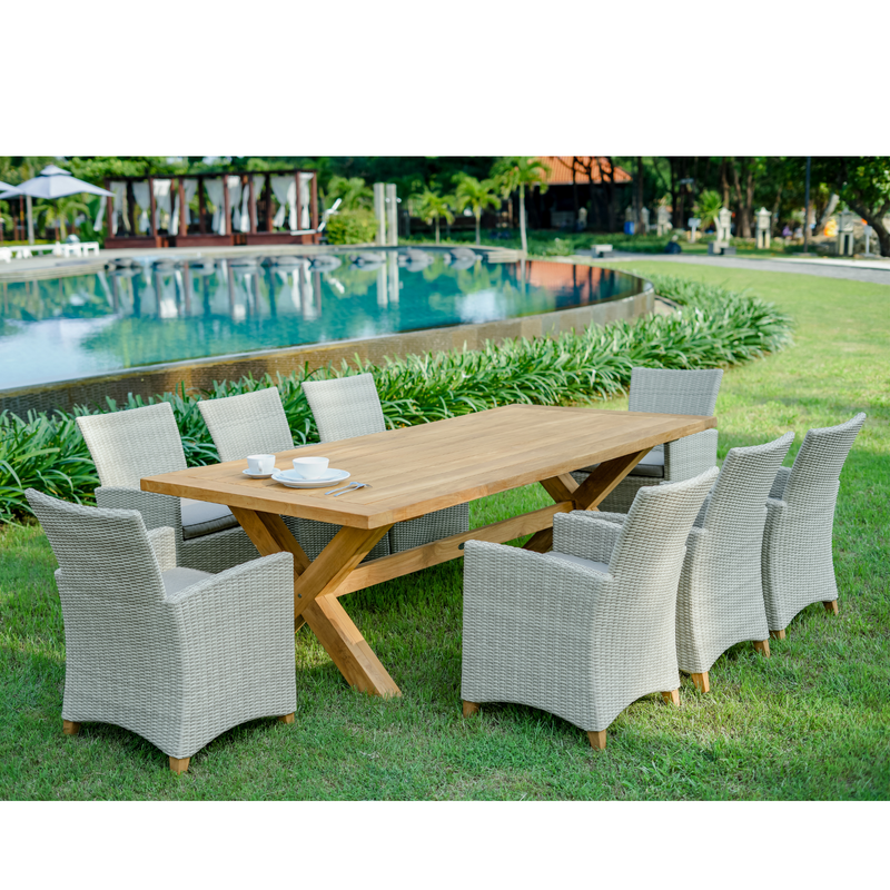 Alexander table and Venice wicker outdoor dining setting