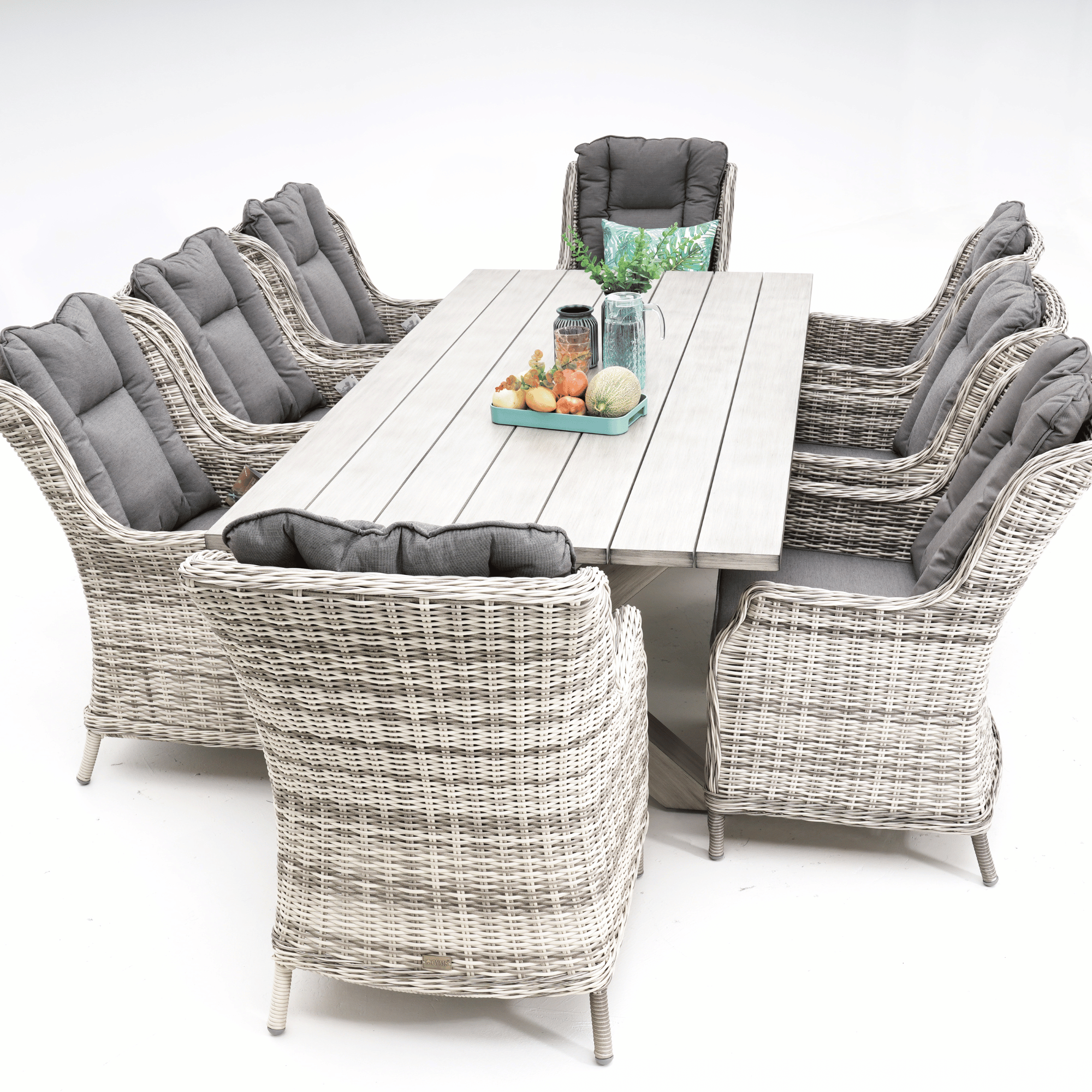 Montreal Dining Table with San Jose Wicker Chairs 9‑piece Outdoor Wicker Dining Set - Zen White
