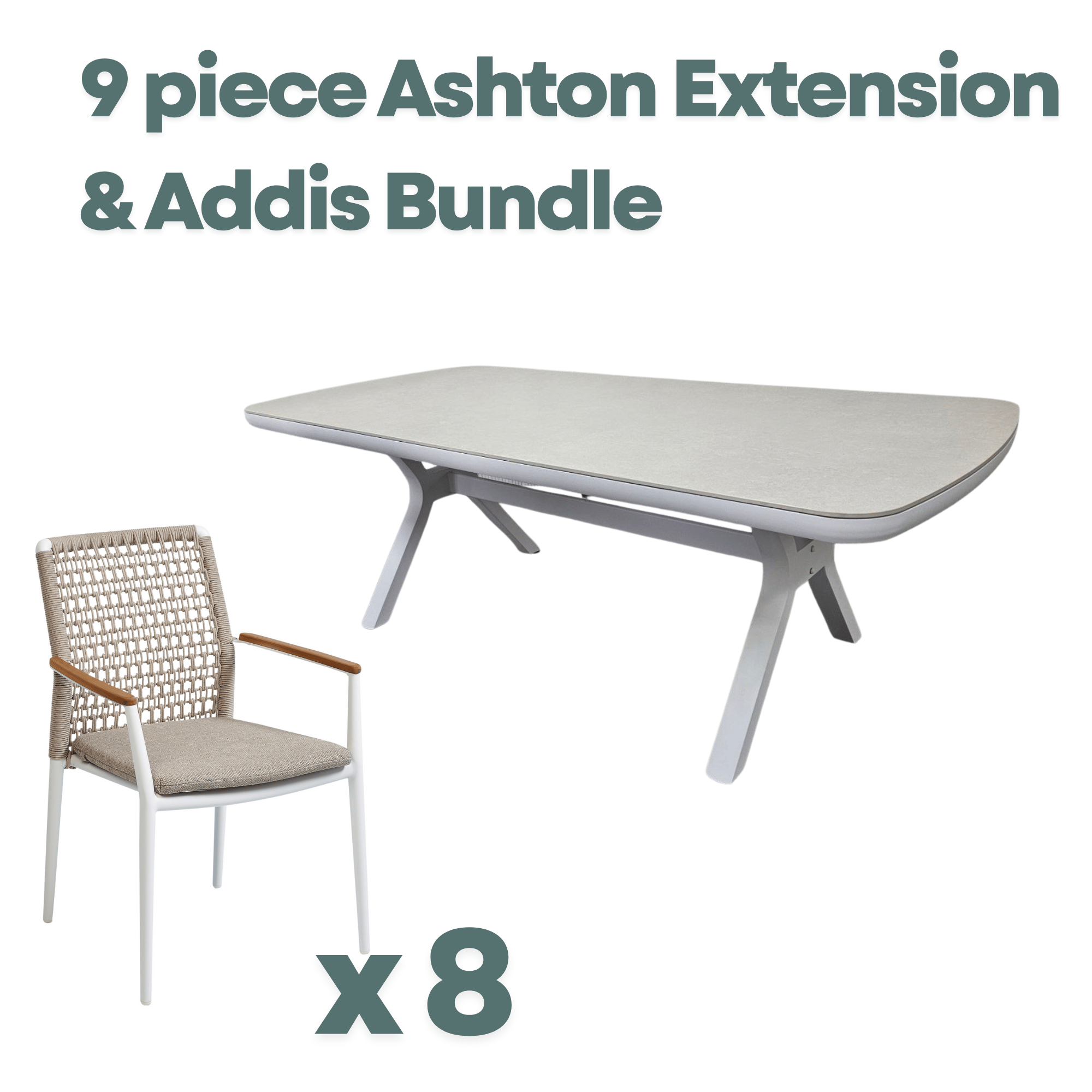 Ashton Premium Extendable Table & 8 Addis Rope Chairs - White Outdoor Dining Setting