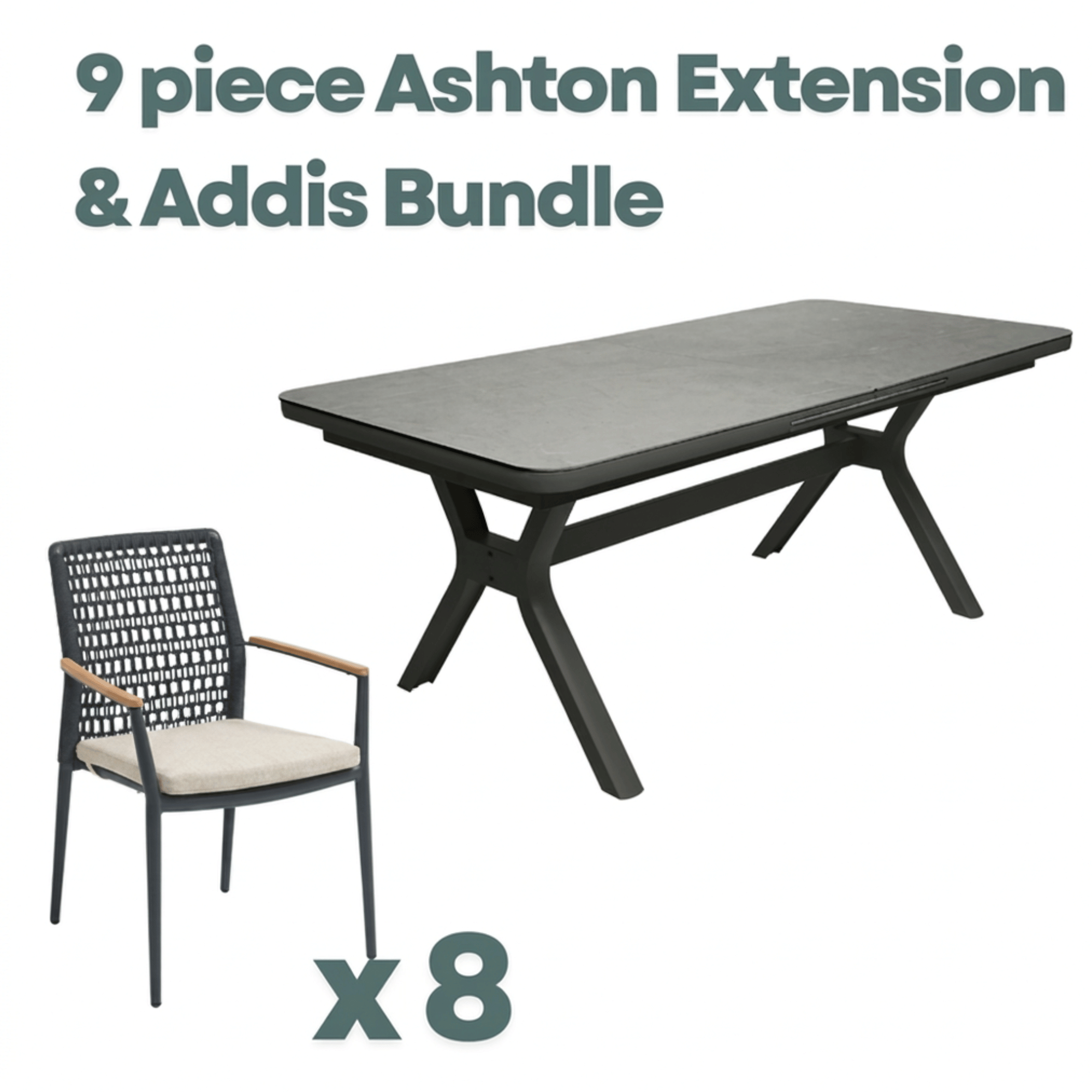 Ashton Extendable & Addis Rope 200-260x100cm 9pce Dining Setting - Charcoal/Oatmeal