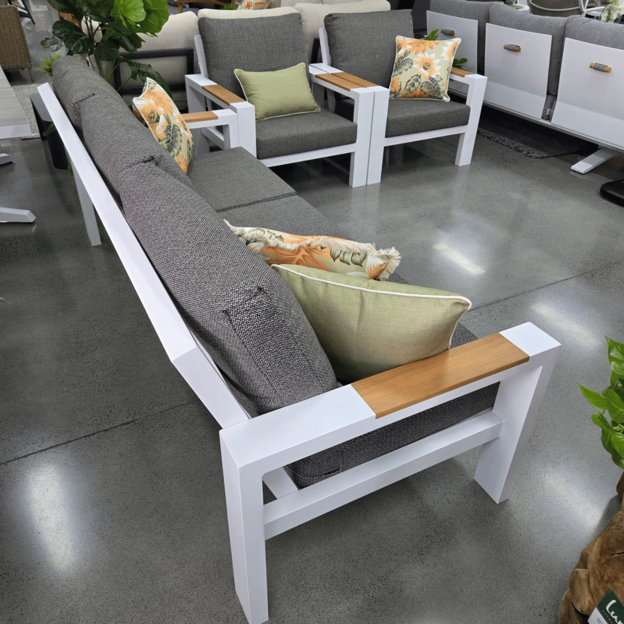 Aspen 3pce White Charcoal Text with scatter cushions in a corner layout