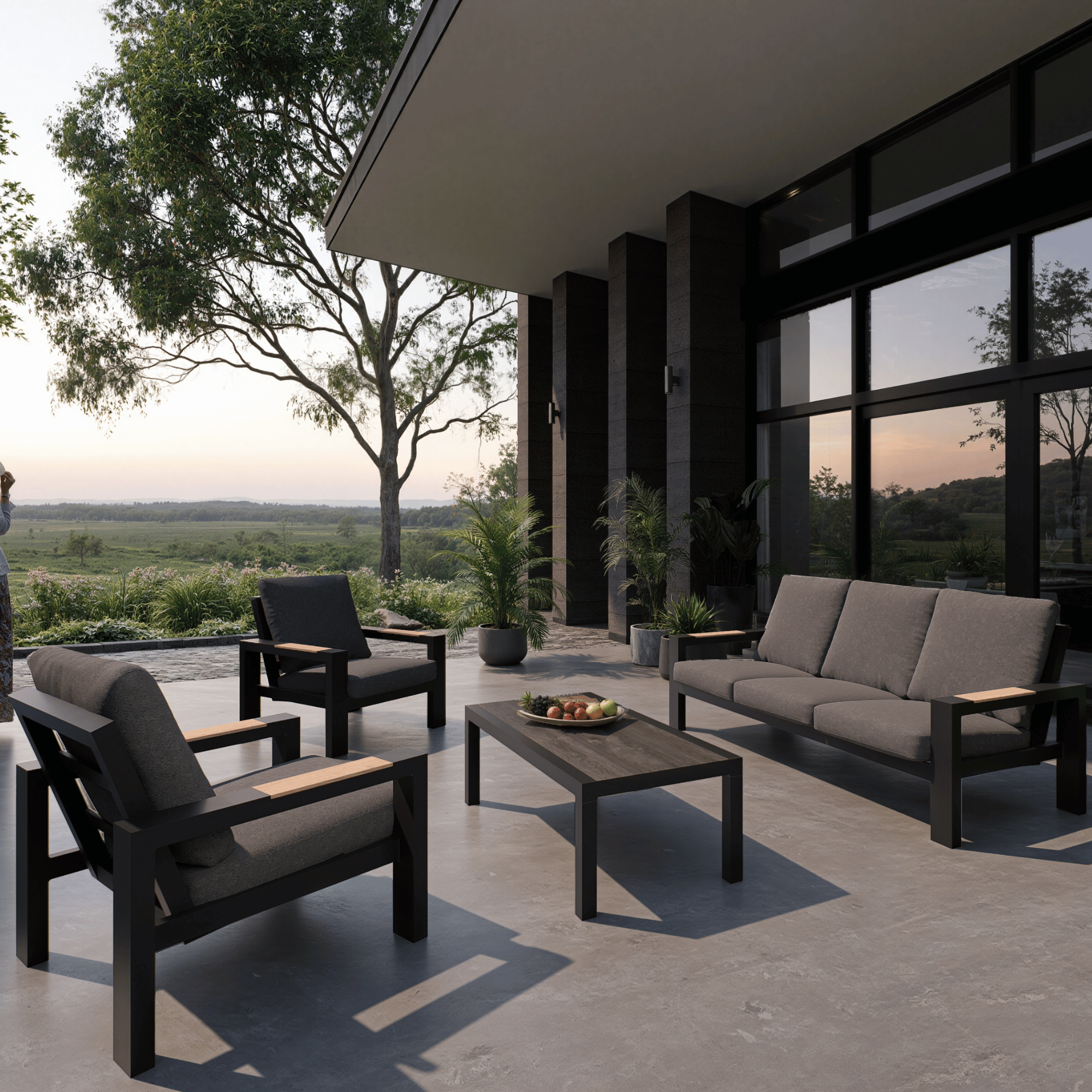 Modern Aspen Teak Detail 4pce Lounge Setting - Charcoal/Charcoal Texture on a patio