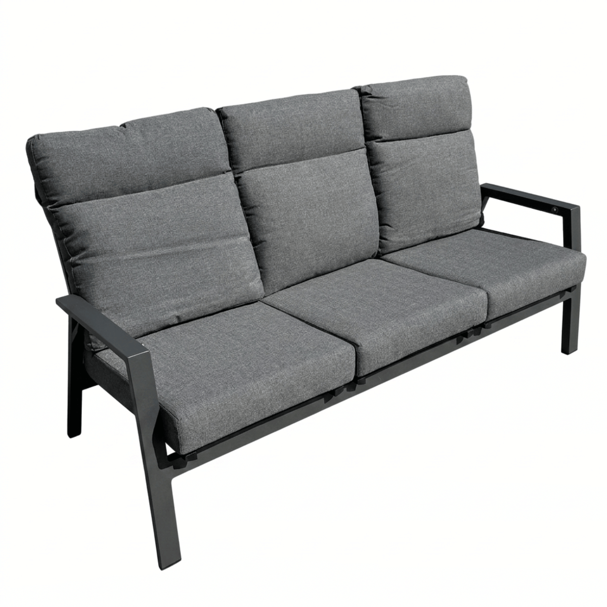 A Ballina 3-seat outdoor sofa with thick grey cushions and a charcoal aluminium frame, shown at a three-quarter angle on a white background.