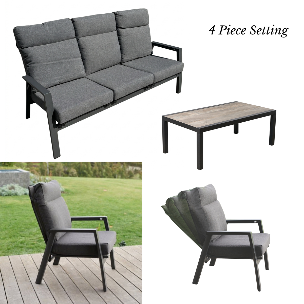 Ballina Recliner 4pce Lounge Setting with 3-seater & Memphis Coffee Table - Charcoal
