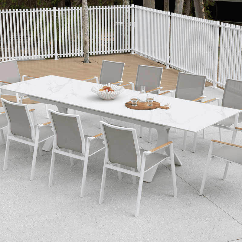 Carson Extension Table with Luca Dining Chairs - 11 piece White Outdoor Dining Setting