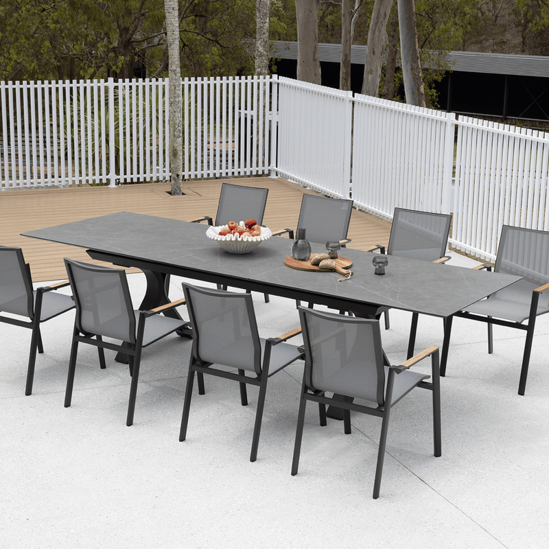 Carson Extension Table with Luca Dining Chairs - 9 piece Charcoal Outdoor Dining Setting