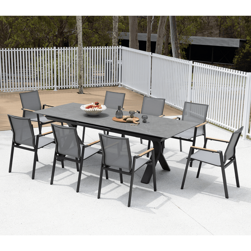 Carson Extension Table with Luca Dining Chairs - 9 piece Charcoal Outdoor Dining Setting