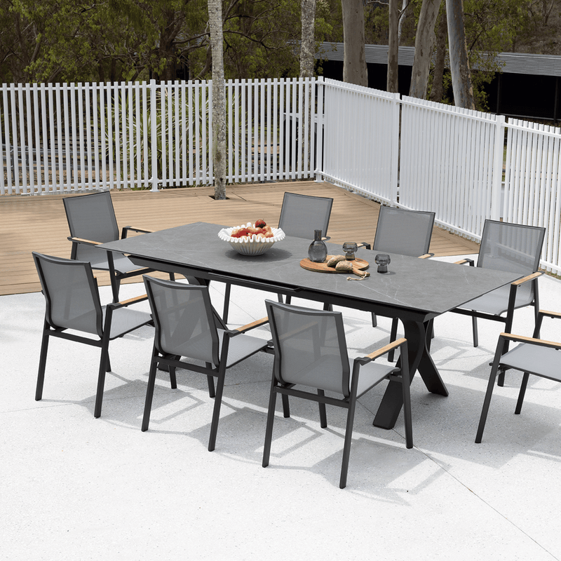 Carson Extension Table with Luca Dining Chairs - 9 piece Charcoal Outdoor Dining Setting