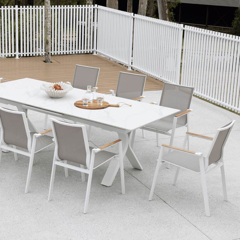 Carson Extension Table with Luca Dining Chairs - 9 piece White Outdoor Dining Setting