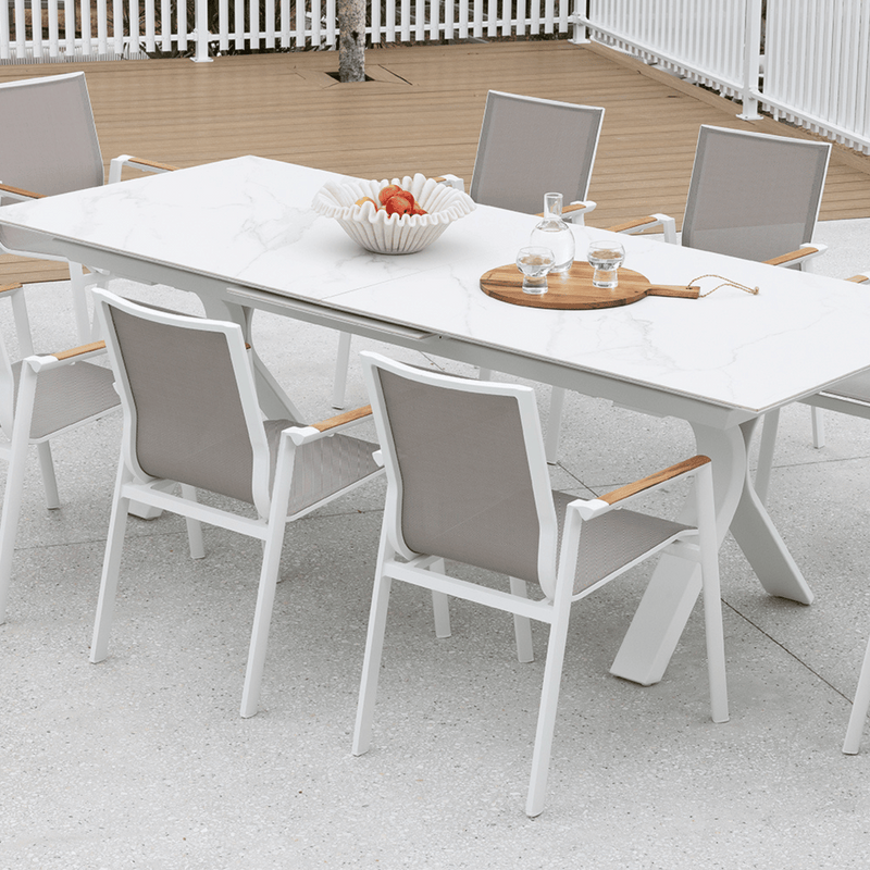 Carson Extension Table with Luca Dining Chairs - 9 piece White Outdoor Dining Setting