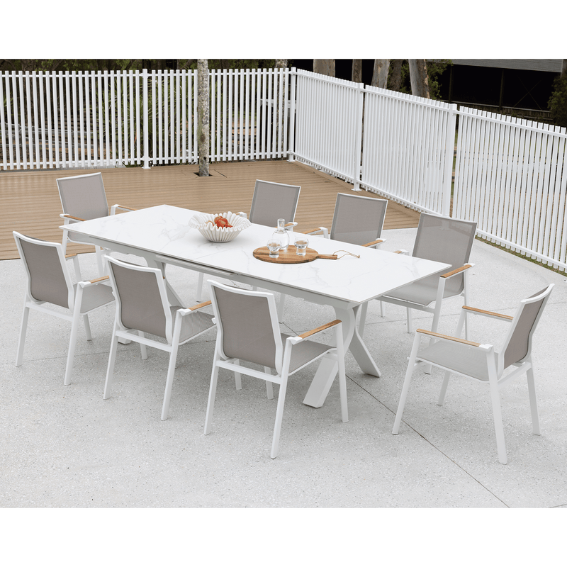 Carson Extension Table with Luca Dining Chairs - 9 piece White Outdoor Dining Setting