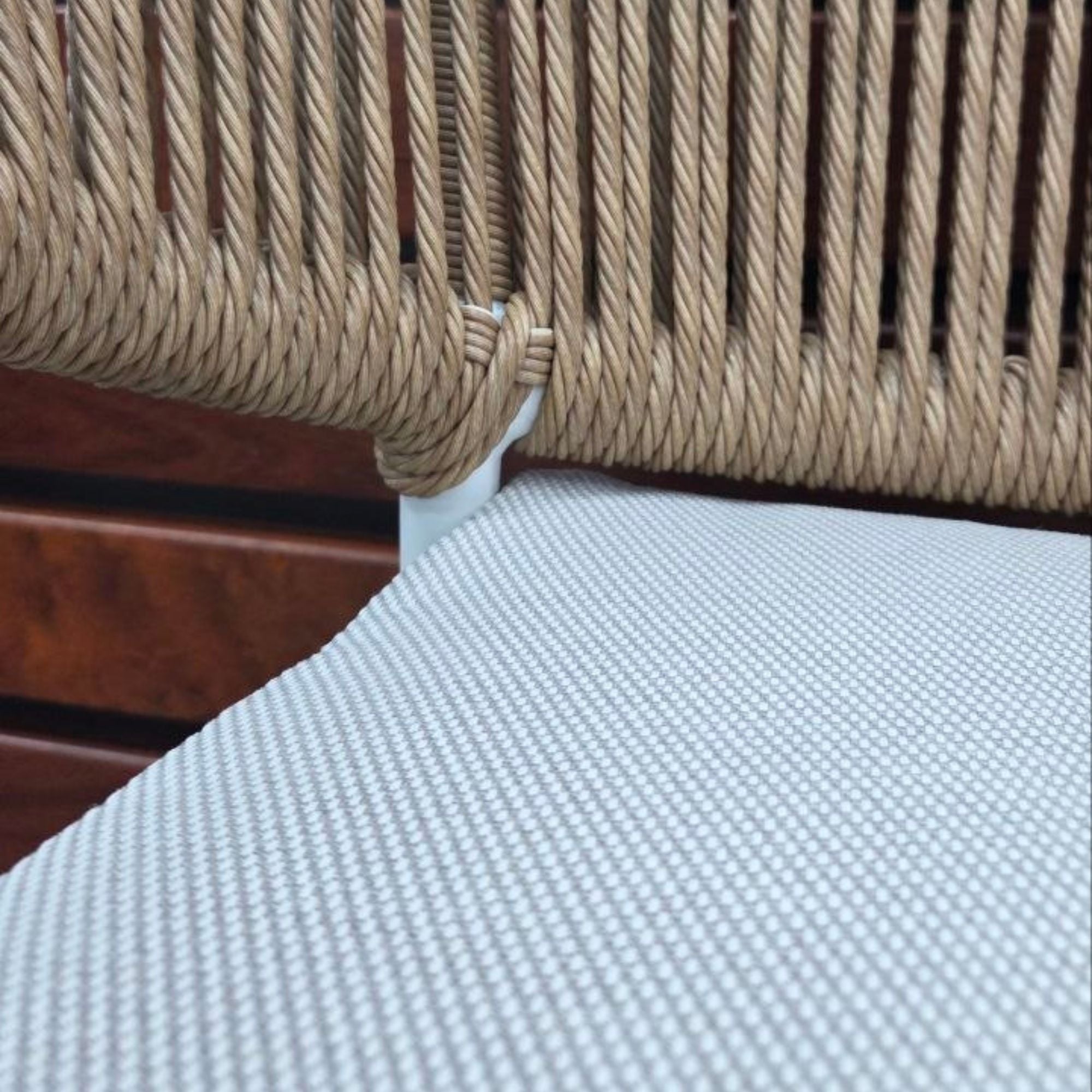 Close up of the wicker and cushions Celia Dining Chair - White frame and Natural rope 