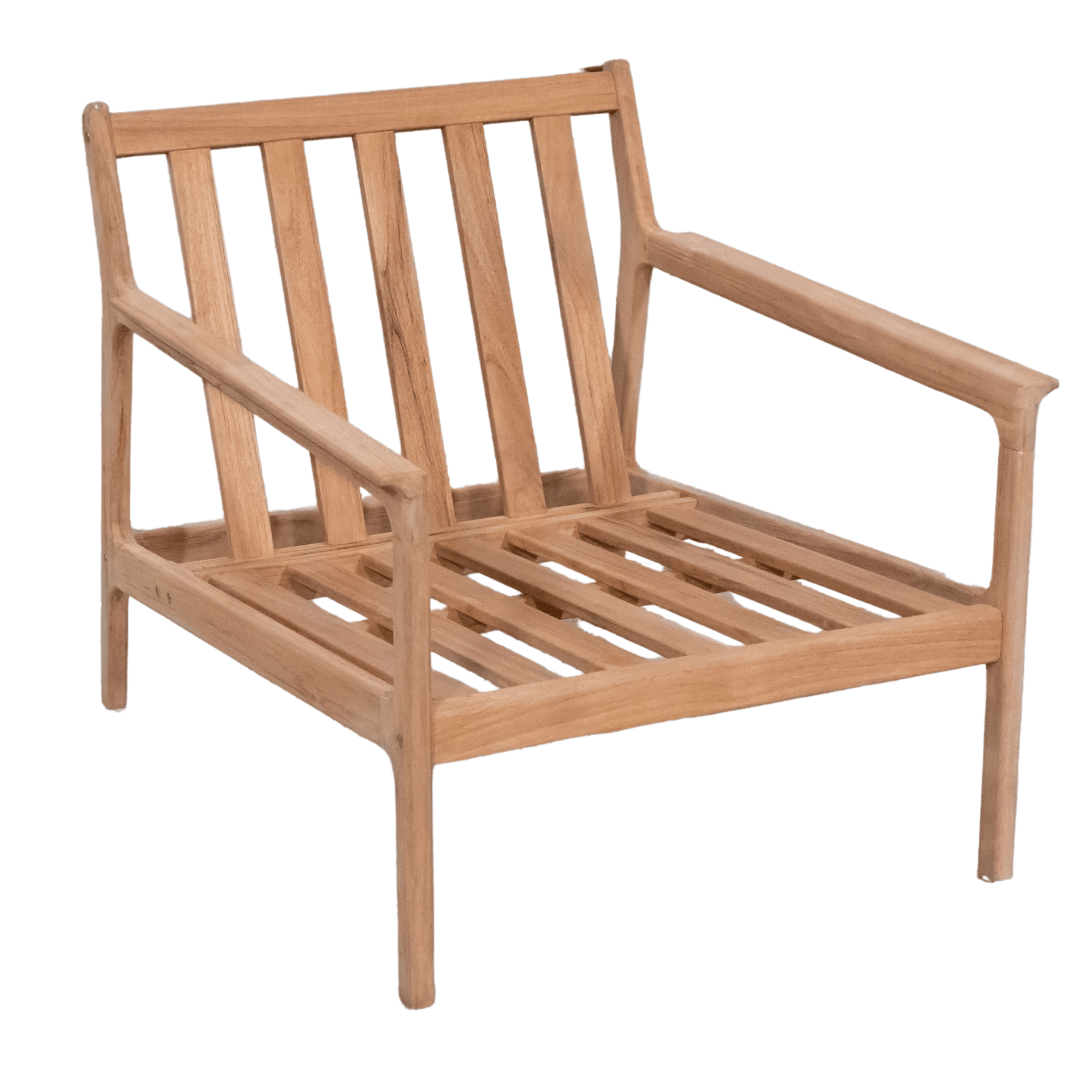 A light natural wood outdoor armchair with a slatted backrest and seat, shown on a plain white background.