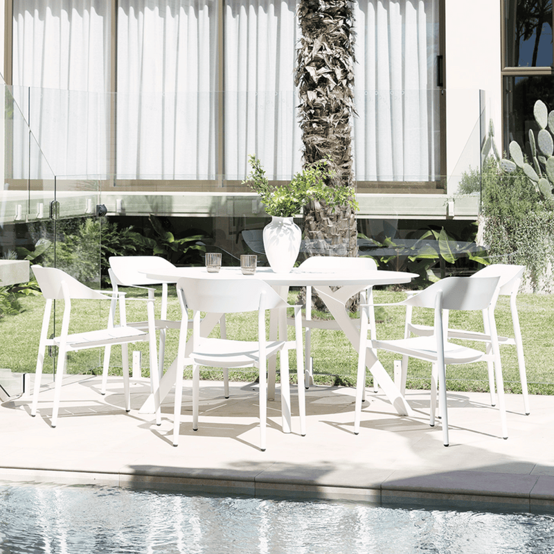 Estella 150cm Round Table with Tala Dining Chairs - 7 piece White Outdoor Dining Setting