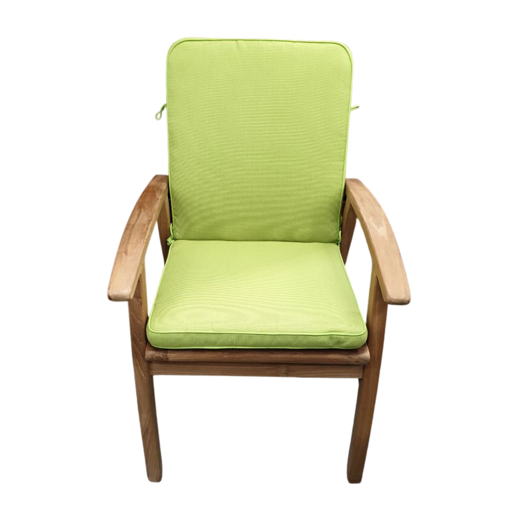 Wooden chair with green cushions on a white background
