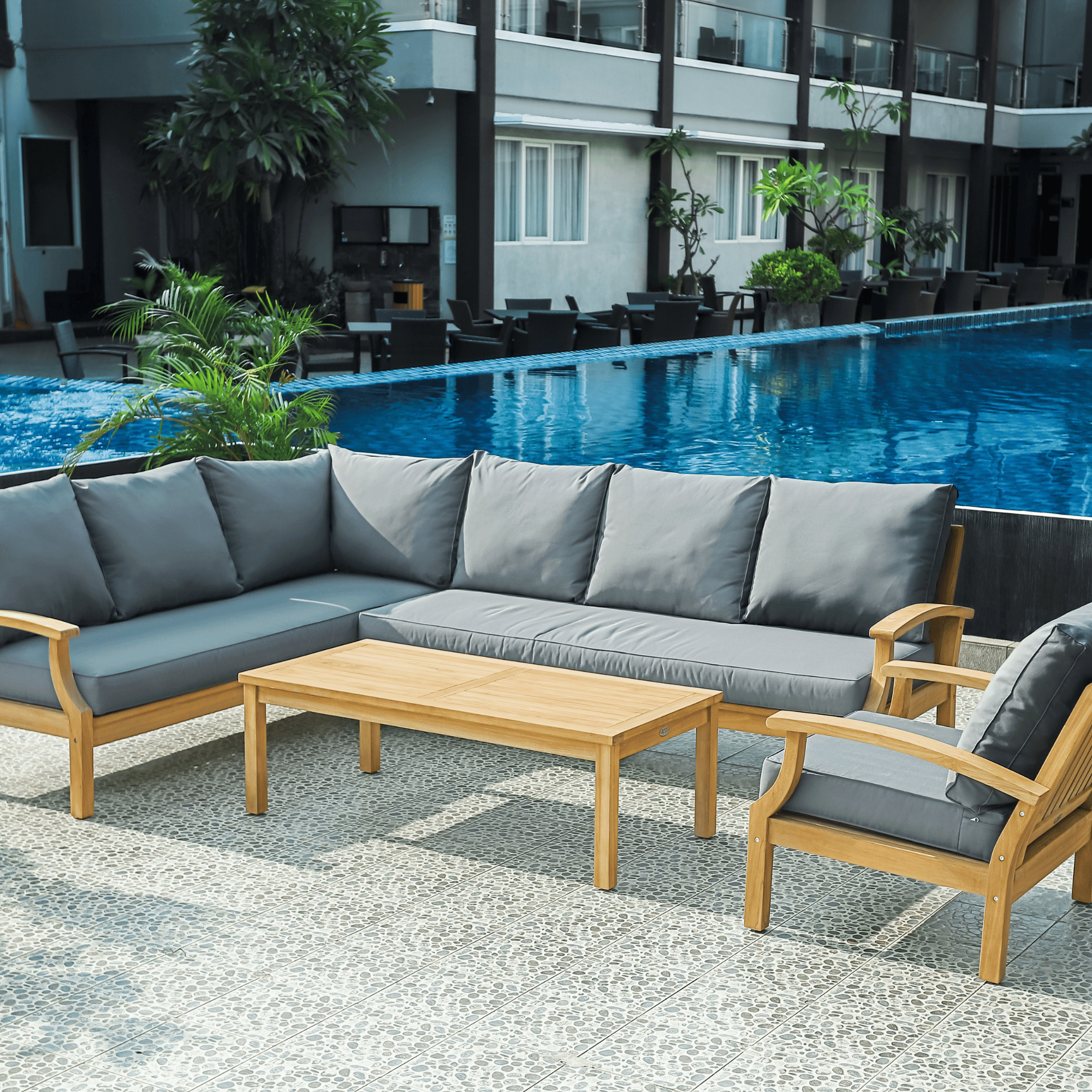 Lombok Outdoor Corner Lounge Setting with Armchair - Grey Fabric