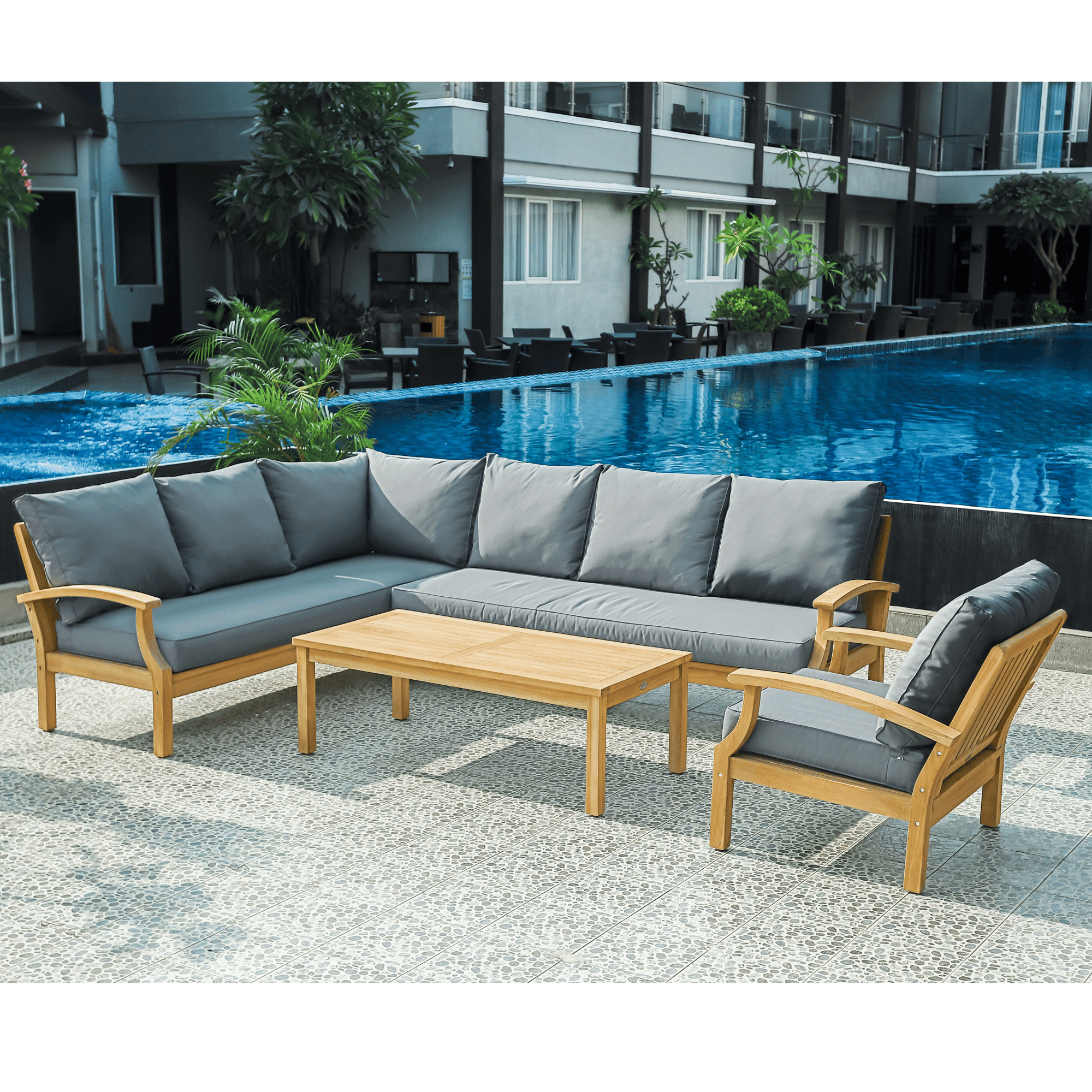 Lombok Outdoor Corner Lounge Setting with Armchair - Grey Fabric