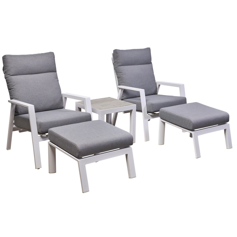 Memphis side table with Ballina recliner chair - 5piece outdoor recliner setting - white