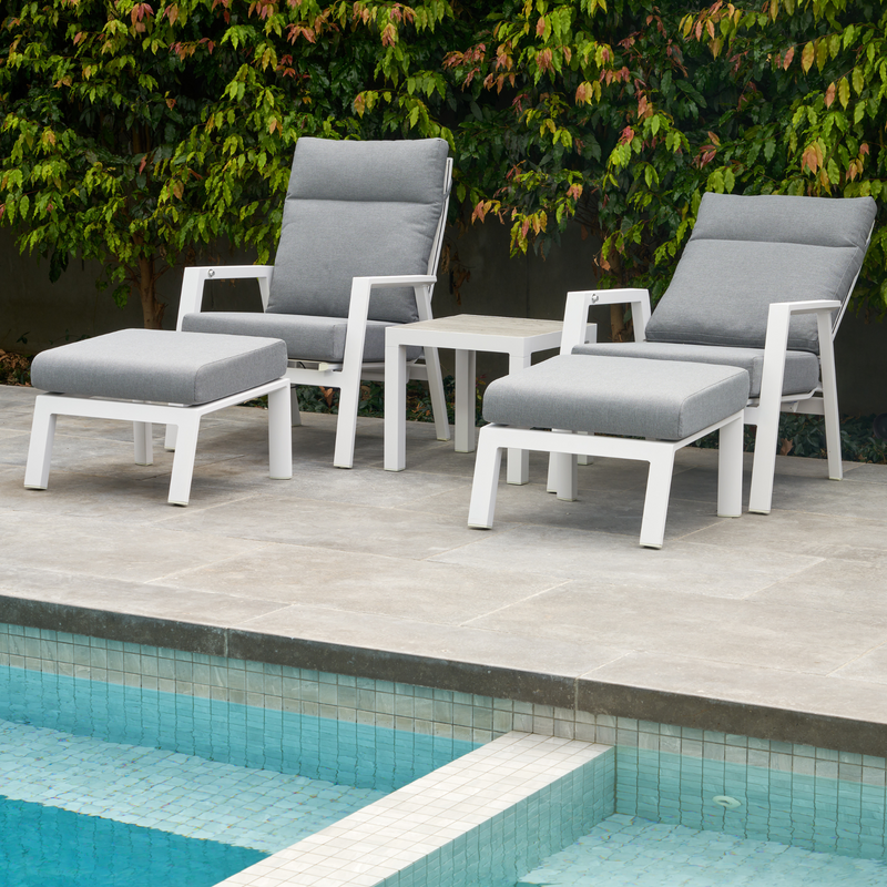 Memphis side table with Ballina recliner chair - 5piece outdoor recliner setting - white