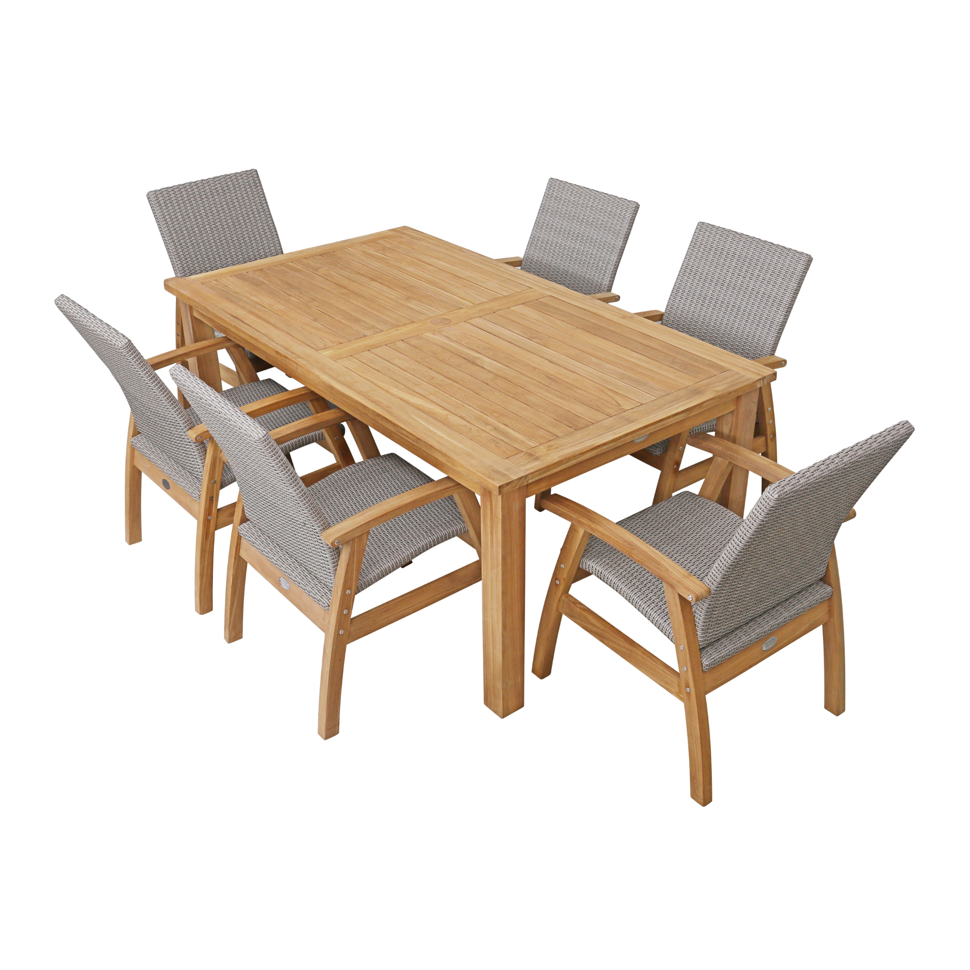 Montego teak table with Flinders wicker chairs grey - 7pce outdoor dining setting