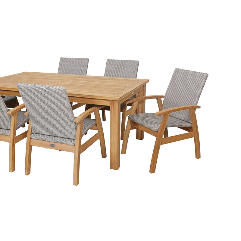 Montego teak table with Flinders wicker chairs grey - 7pce outdoor dining setting