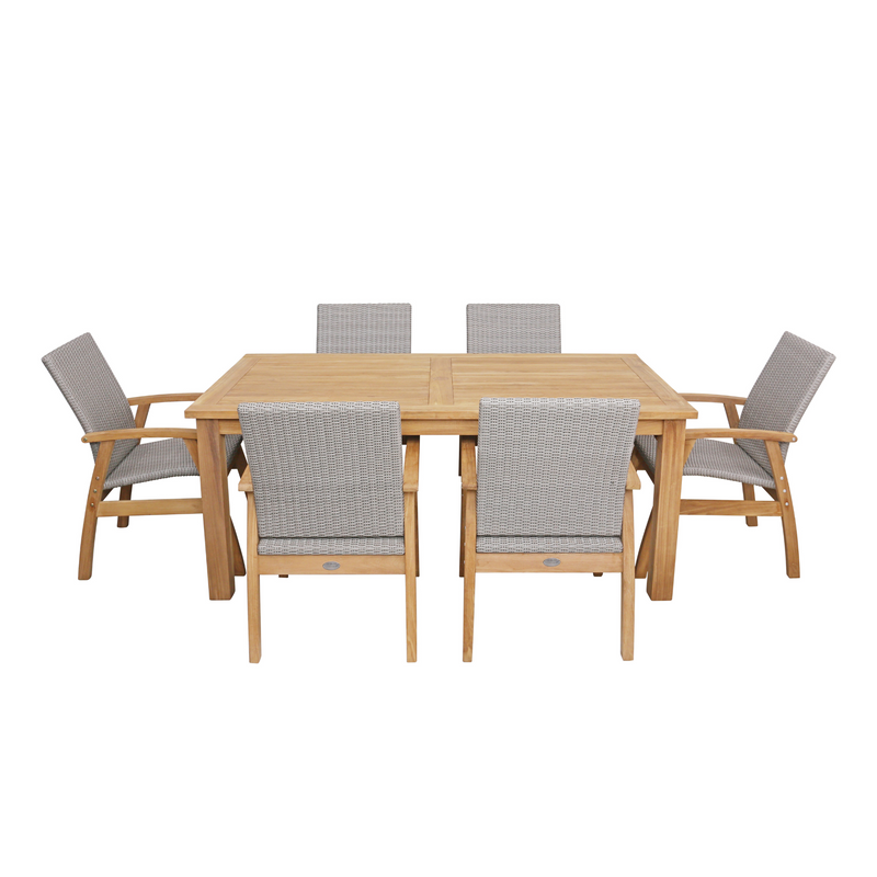 Montego teak table with Flinders wicker chairs grey - 7pce outdoor dining setting
