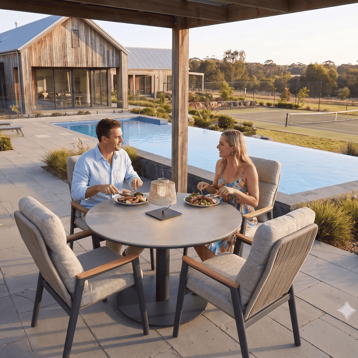 A round outdoor dining table with four upholstered chairs is set on a patio beside a pool, with a couple seated and eating. The furniture has light gray cushions and dark metal frames, shown in a real residential outdoor environment at sunset.