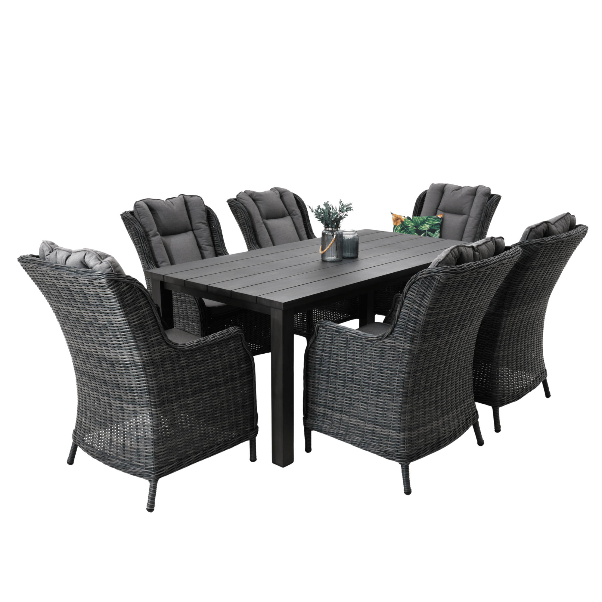Sandy Bay Dining Table with San Jose Wicker Chairs 7‑piece Outdoor Wicker Dining Set - Castle Grey