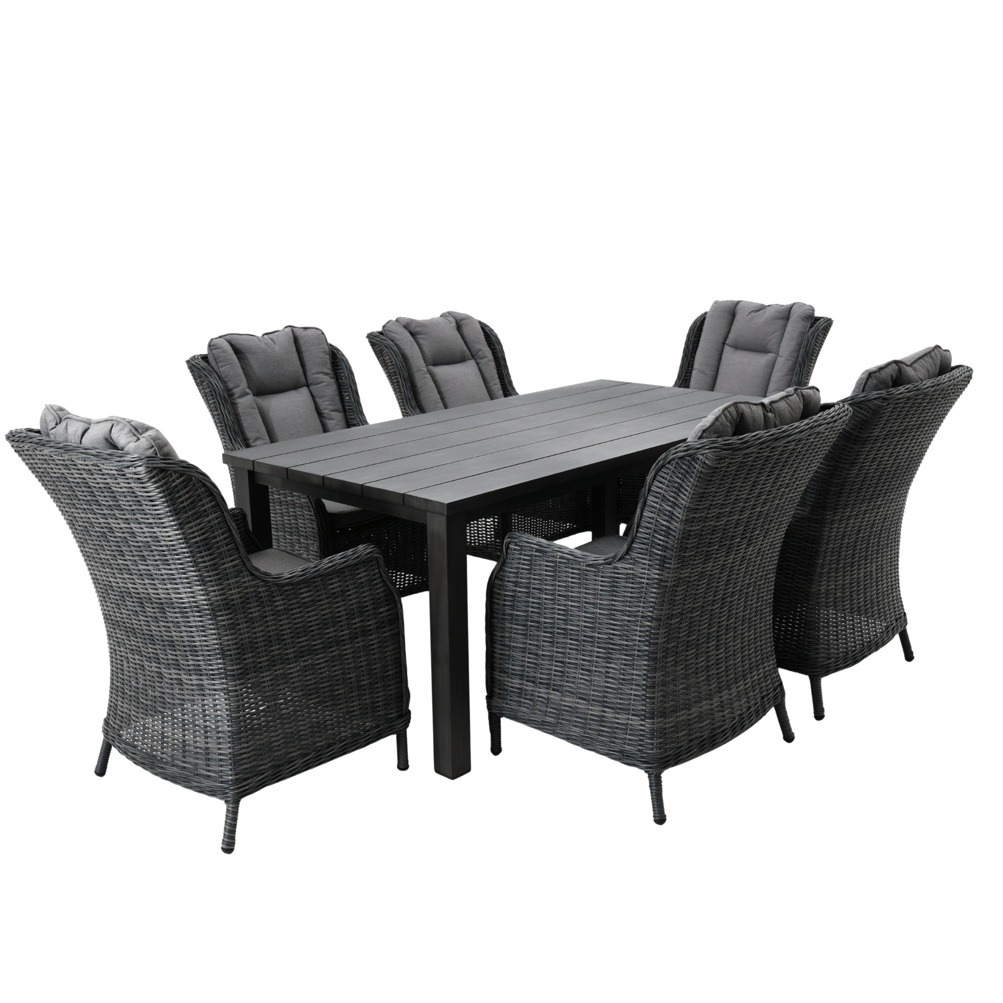 Sandy Bay Dining Table with San Jose Wicker Chairs 7‑piece Outdoor Wicker Dining Set - Castle Grey
