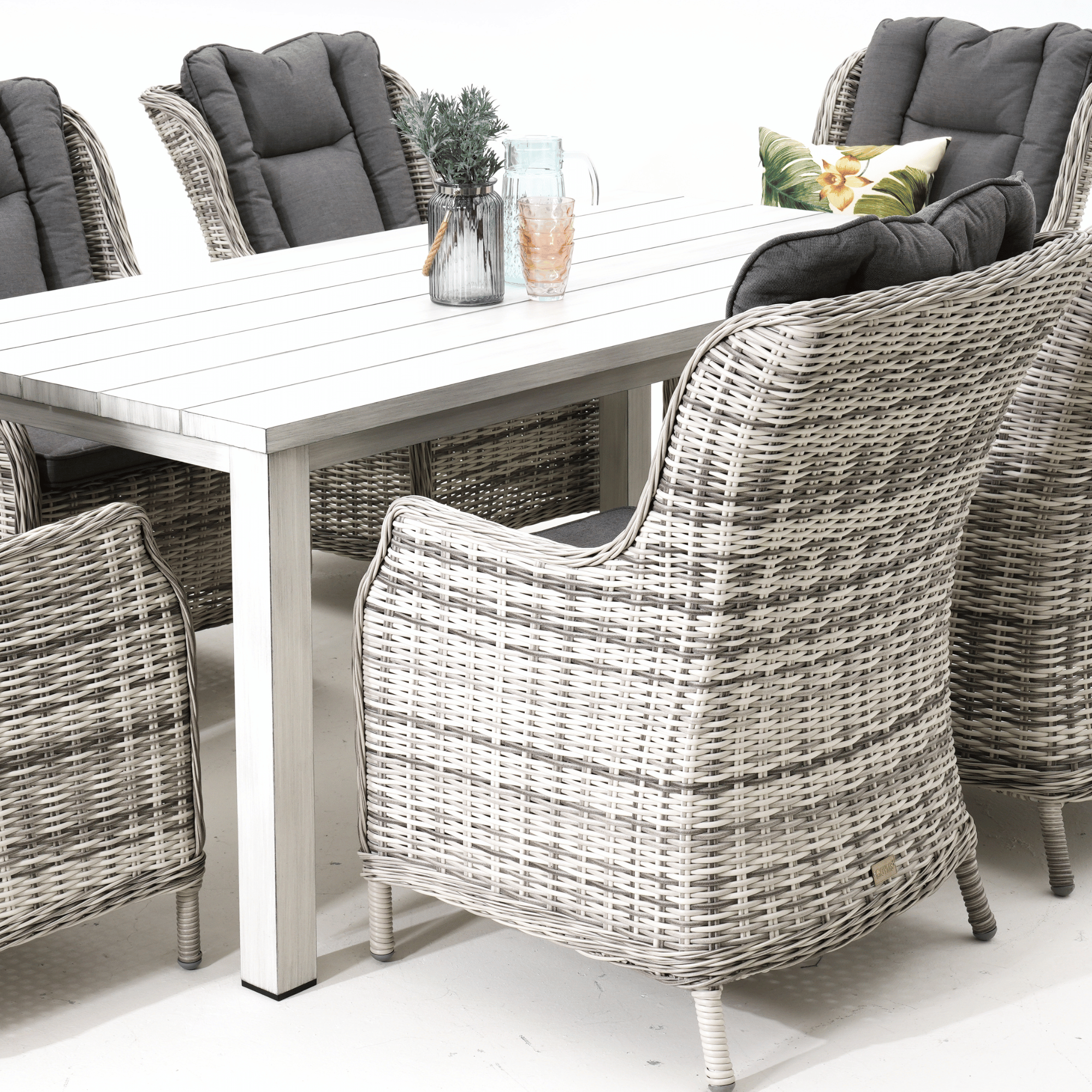 Sandy Bay Dining Table with San Jose Wicker Chairs 7‑piece Outdoor Wicker Dining Set - Zen White