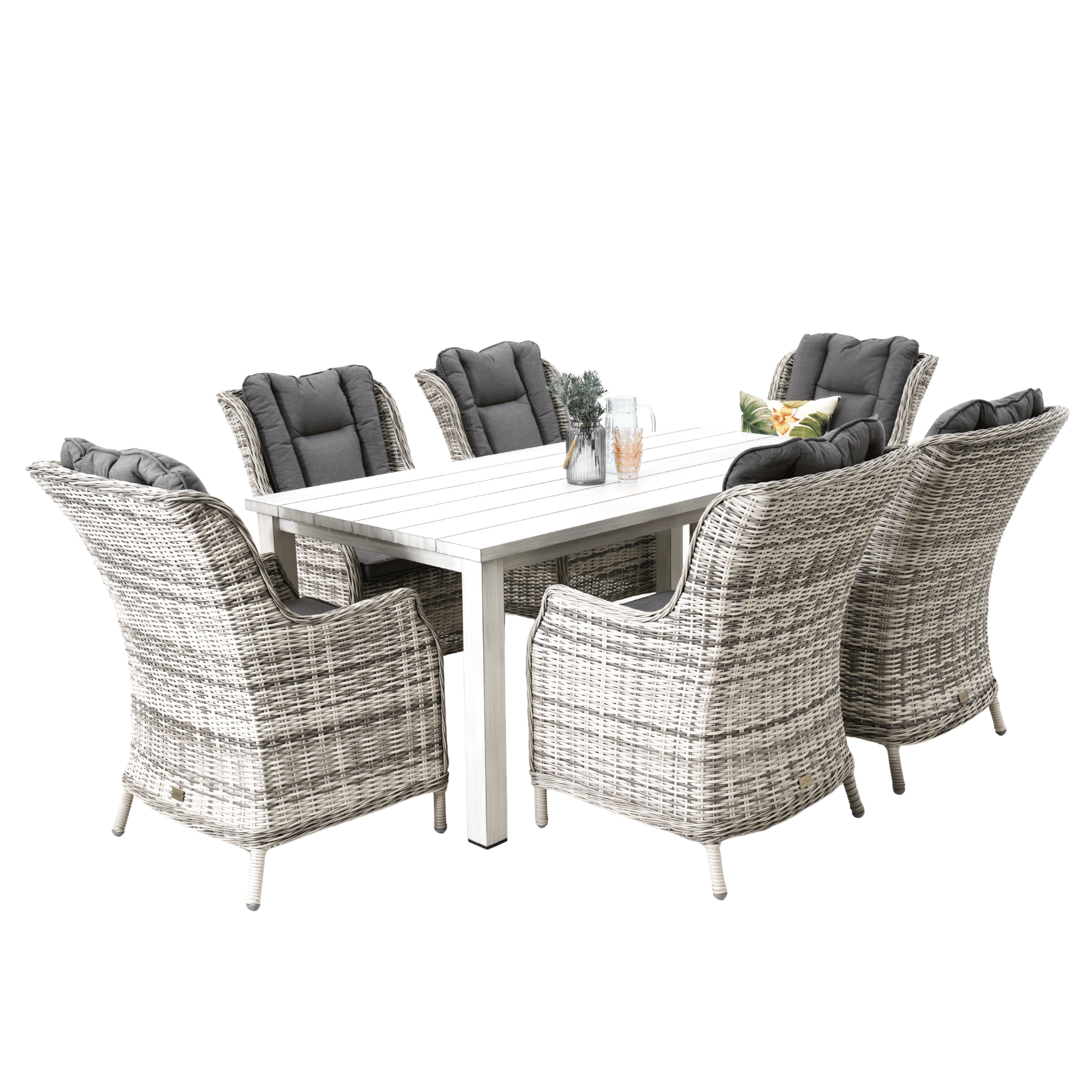 Sandy Bay Dining Table with San Jose Wicker Chairs 7‑piece Outdoor Wicker Dining Set - Zen White